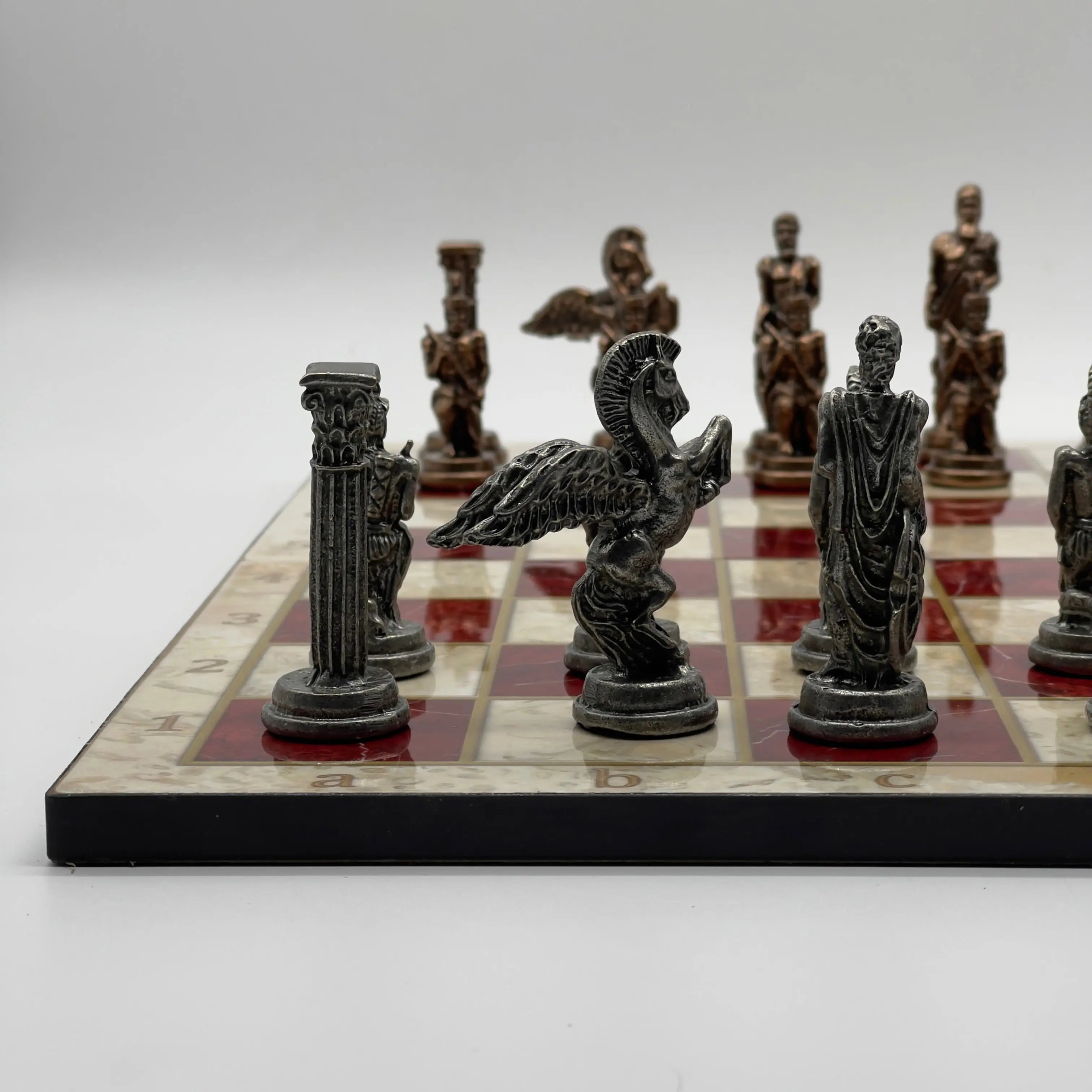 16.5" Red Marble Pattern Folding Chess Board With Pegasus Metal Chess Pieces