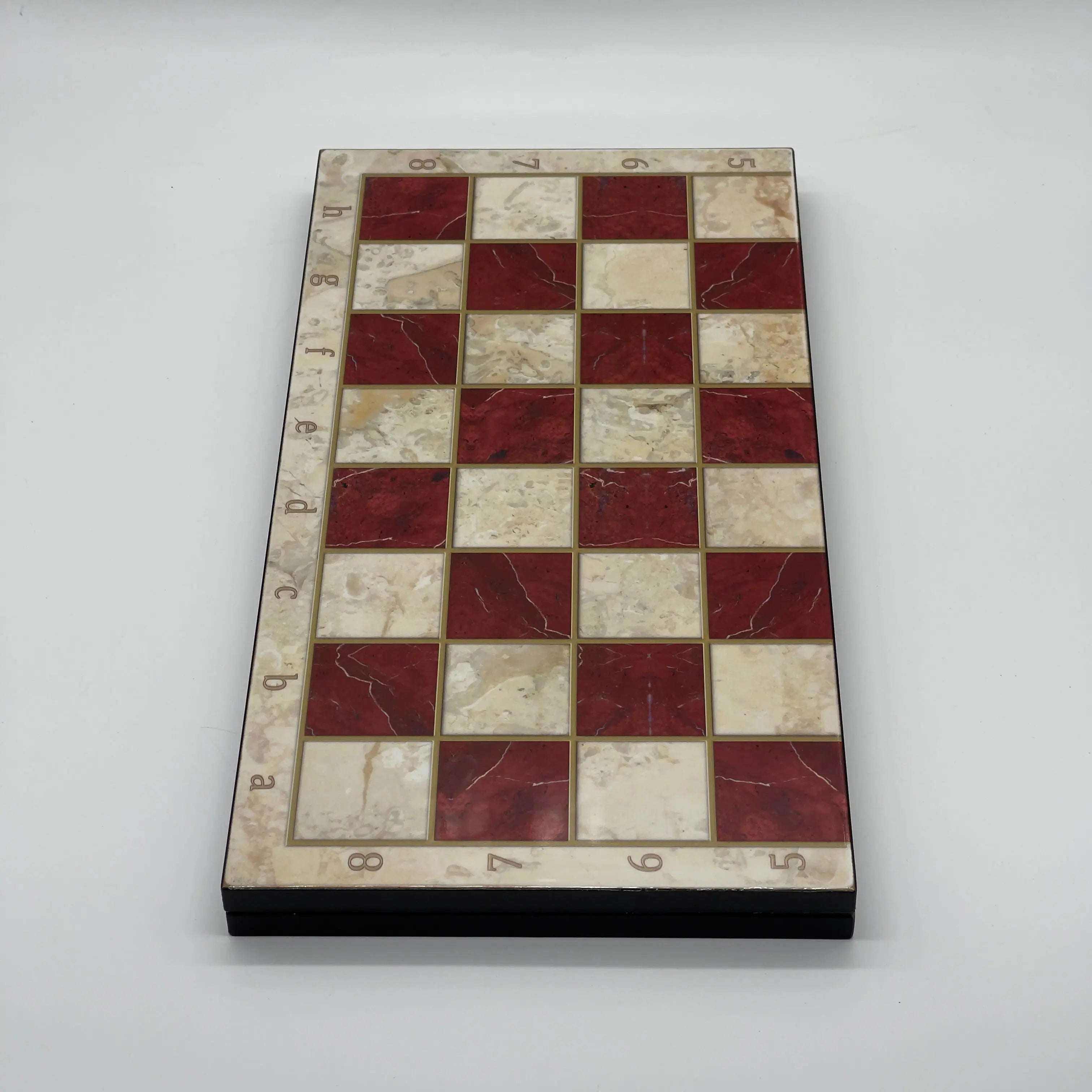 16.5" Red Marble Pattern Folding Chess Board With Classic Matte Metal Chess Pieces