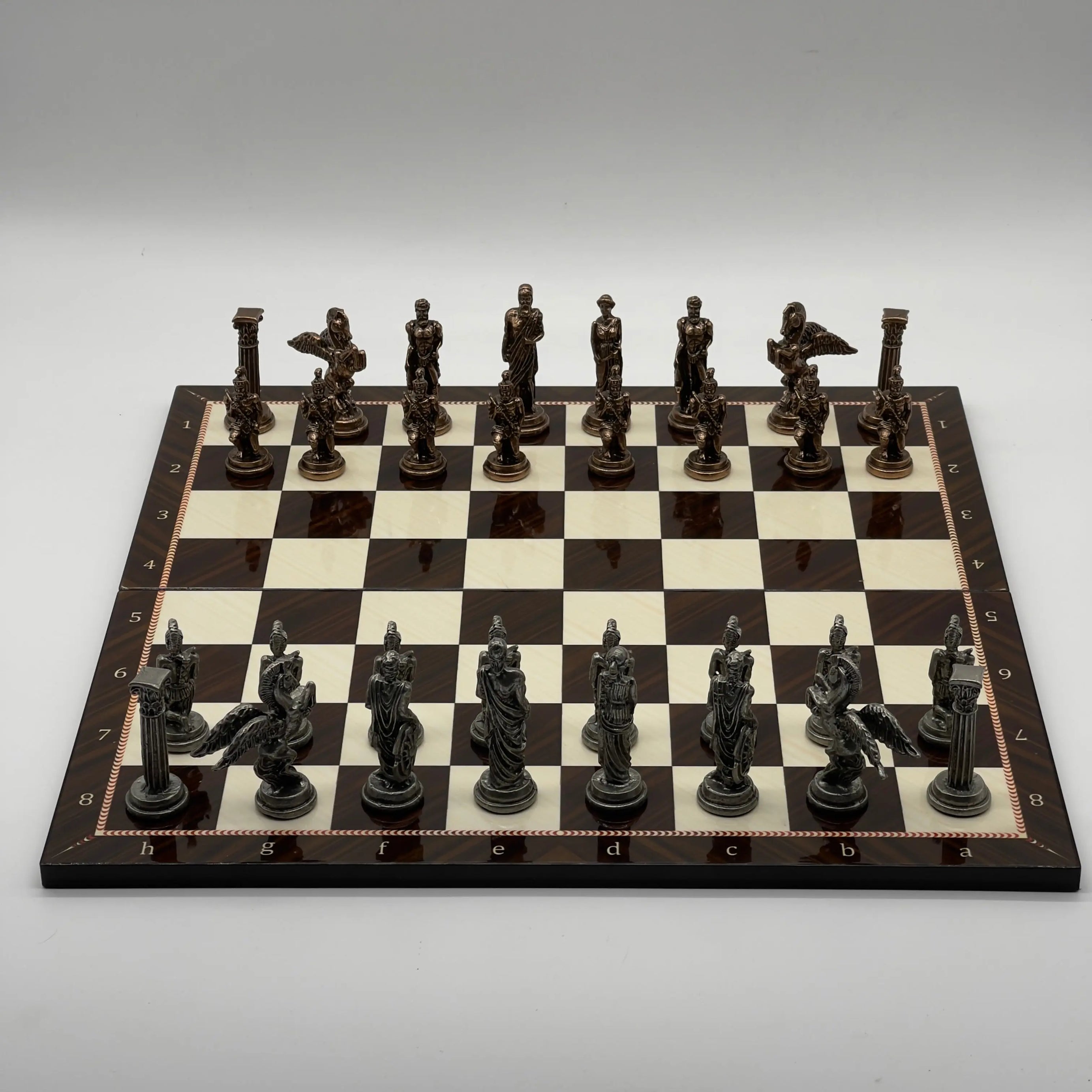 16.5" Walnut Marble Pattern Folding Chess Board With Pegasus Metal Chess Pieces