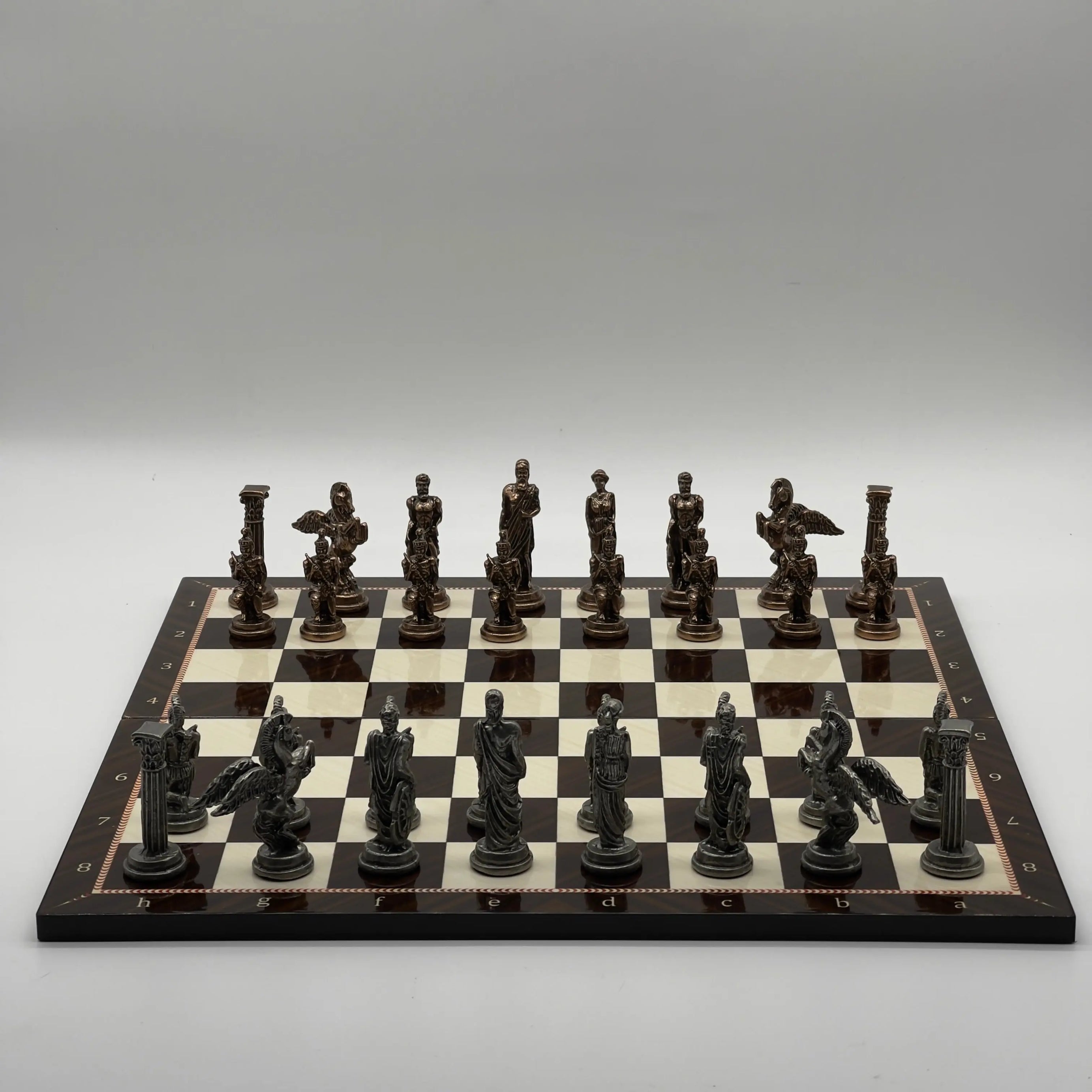 16.5" Walnut Marble Pattern Folding Chess Board With Pegasus Metal Chess Pieces