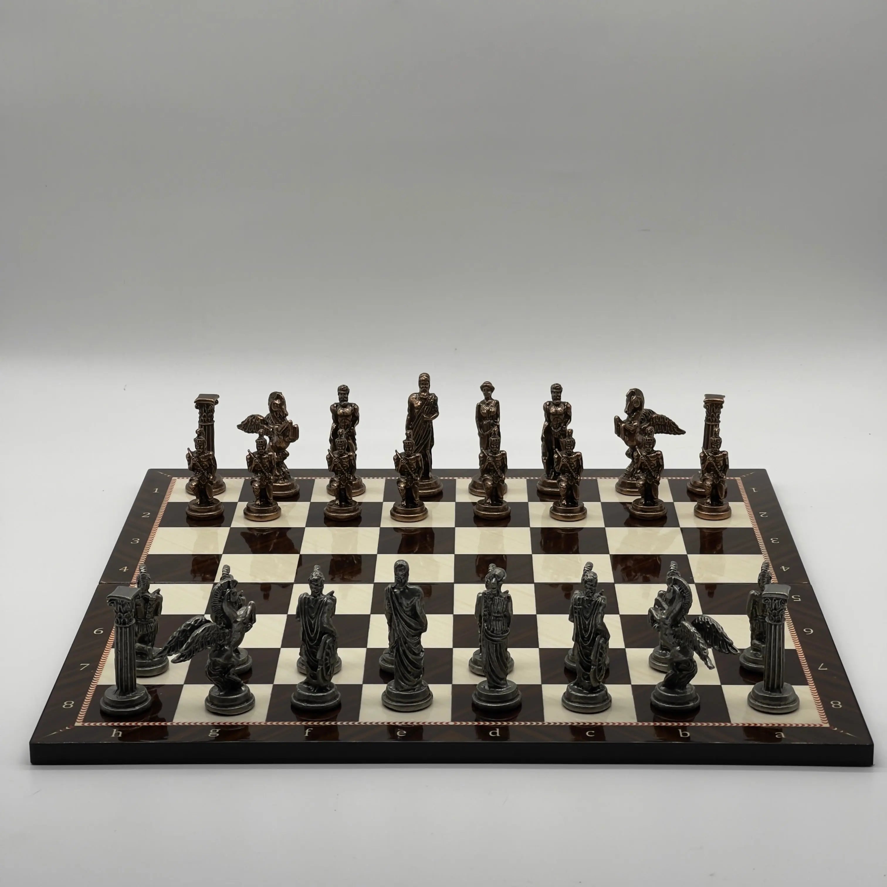 16.5" Walnut Marble Pattern Folding Chess Board With Pegasus Metal Chess Pieces
