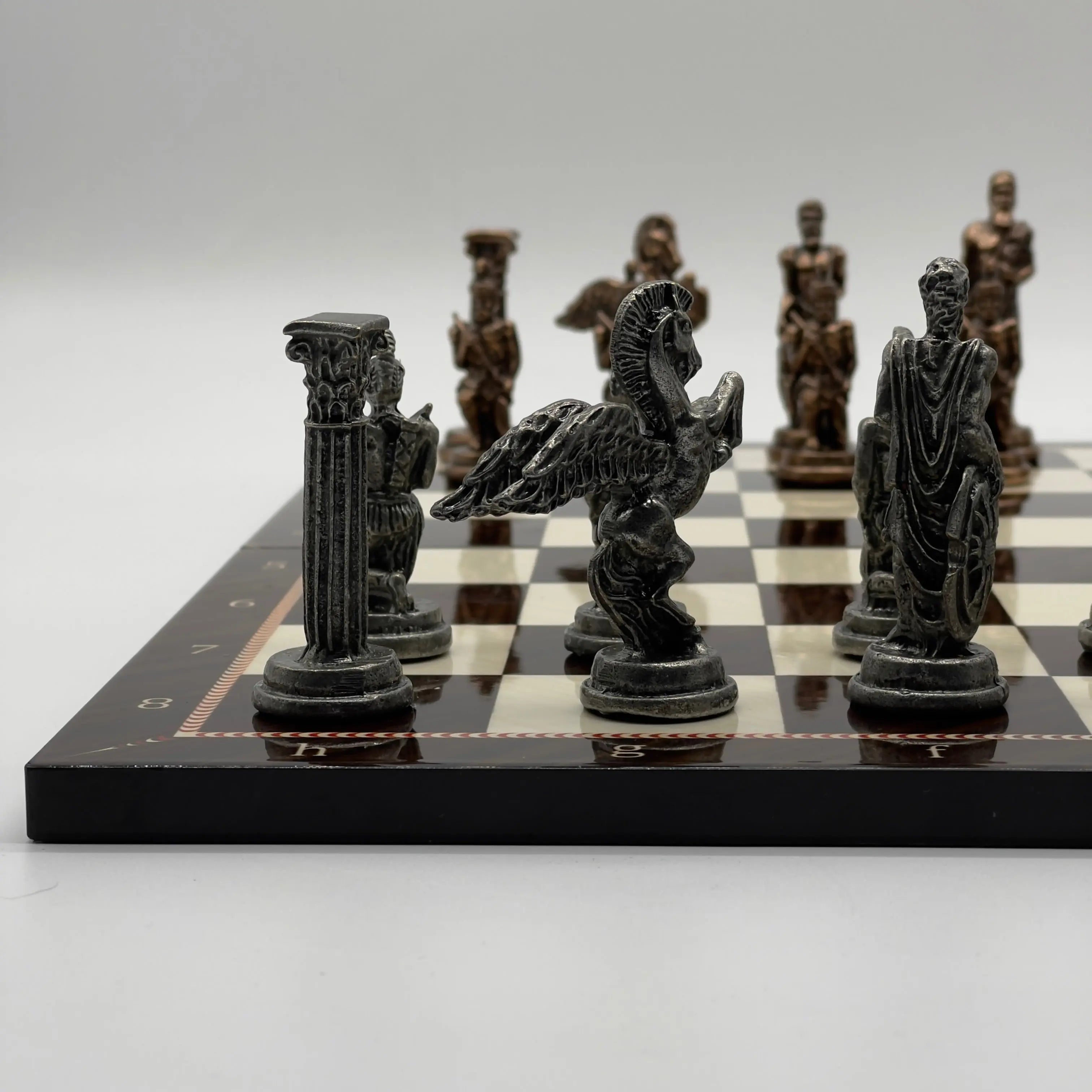 16.5" Walnut Marble Pattern Folding Chess Board With Pegasus Metal Chess Pieces