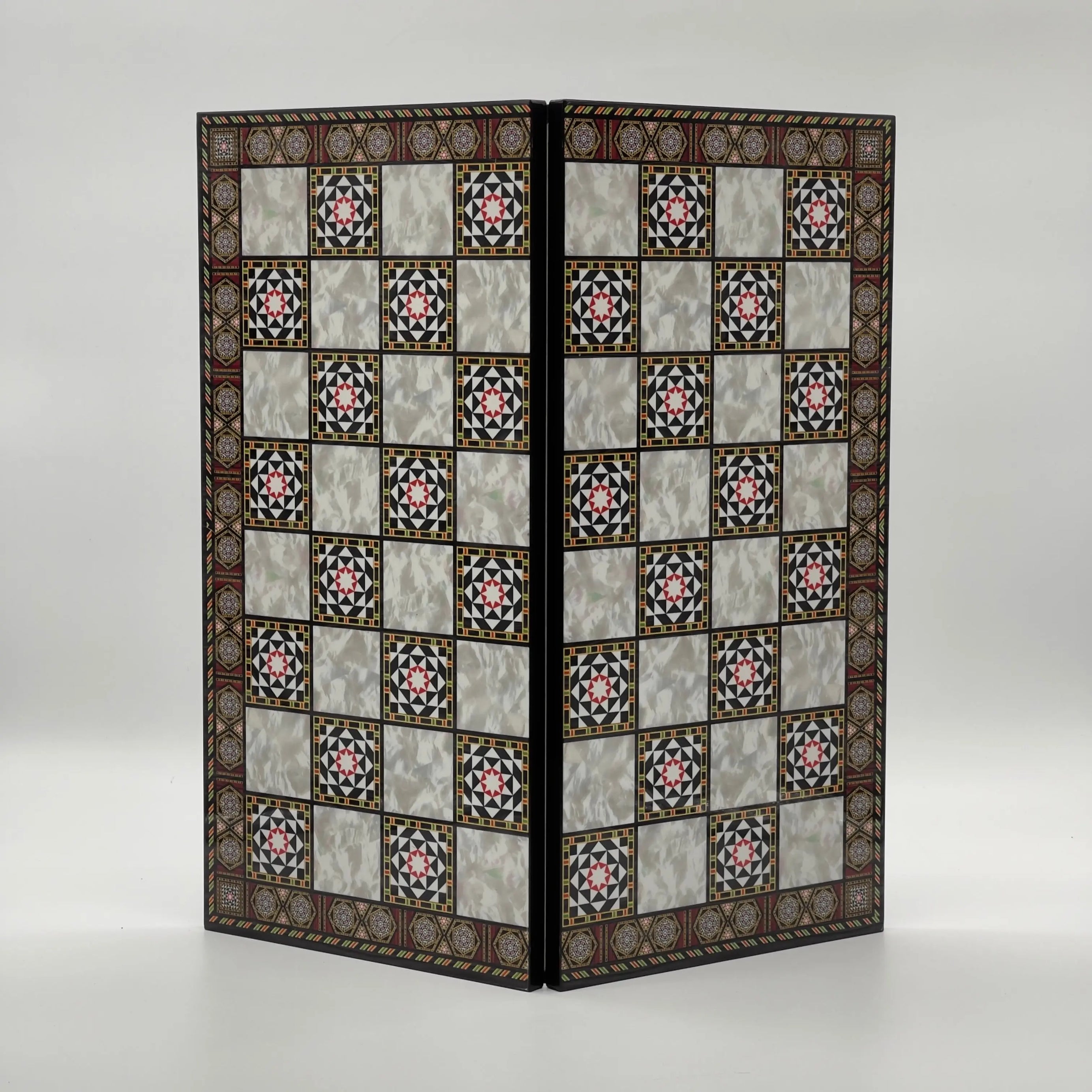 16.5" Mosaic Marble Pattern Folding Wooden Set With Wooden Chess Pieces Set