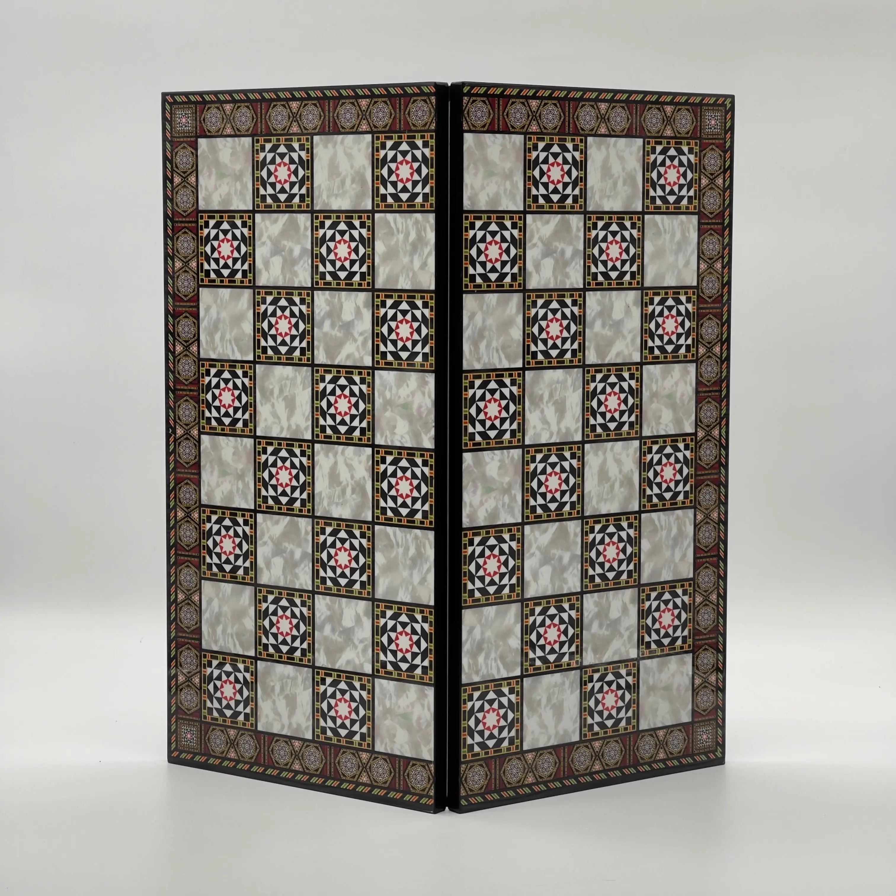16.5" Mosaic Marble Pattern Folding Chess Board With Classic Matte Metal Chess Pieces
