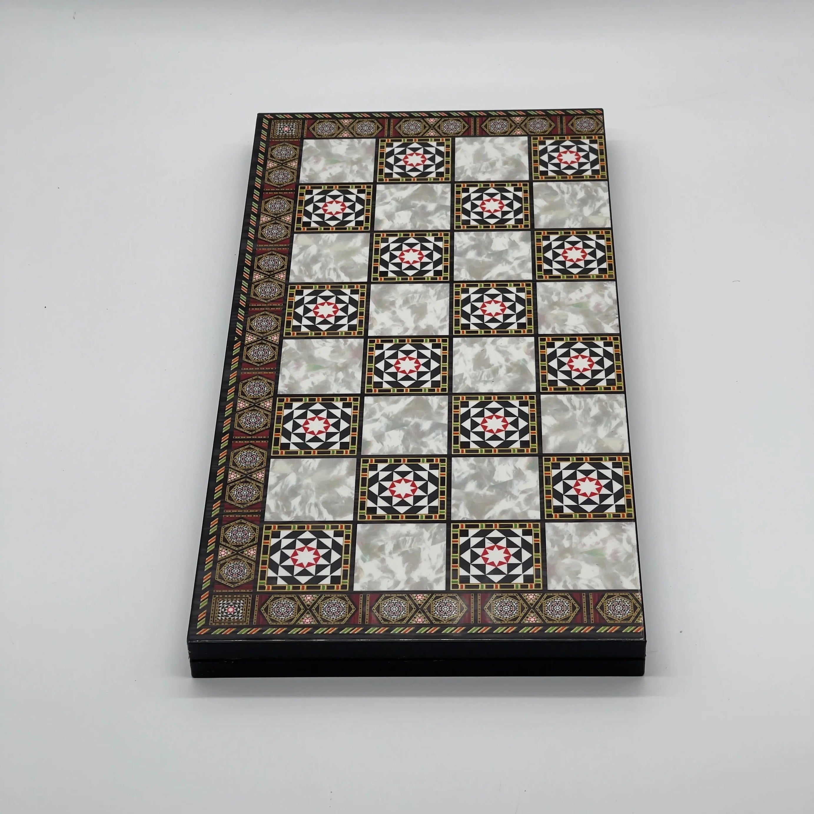 16.5" Mosaic Marble Pattern Folding Chess Board With Pegasus Metal Chess Pieces