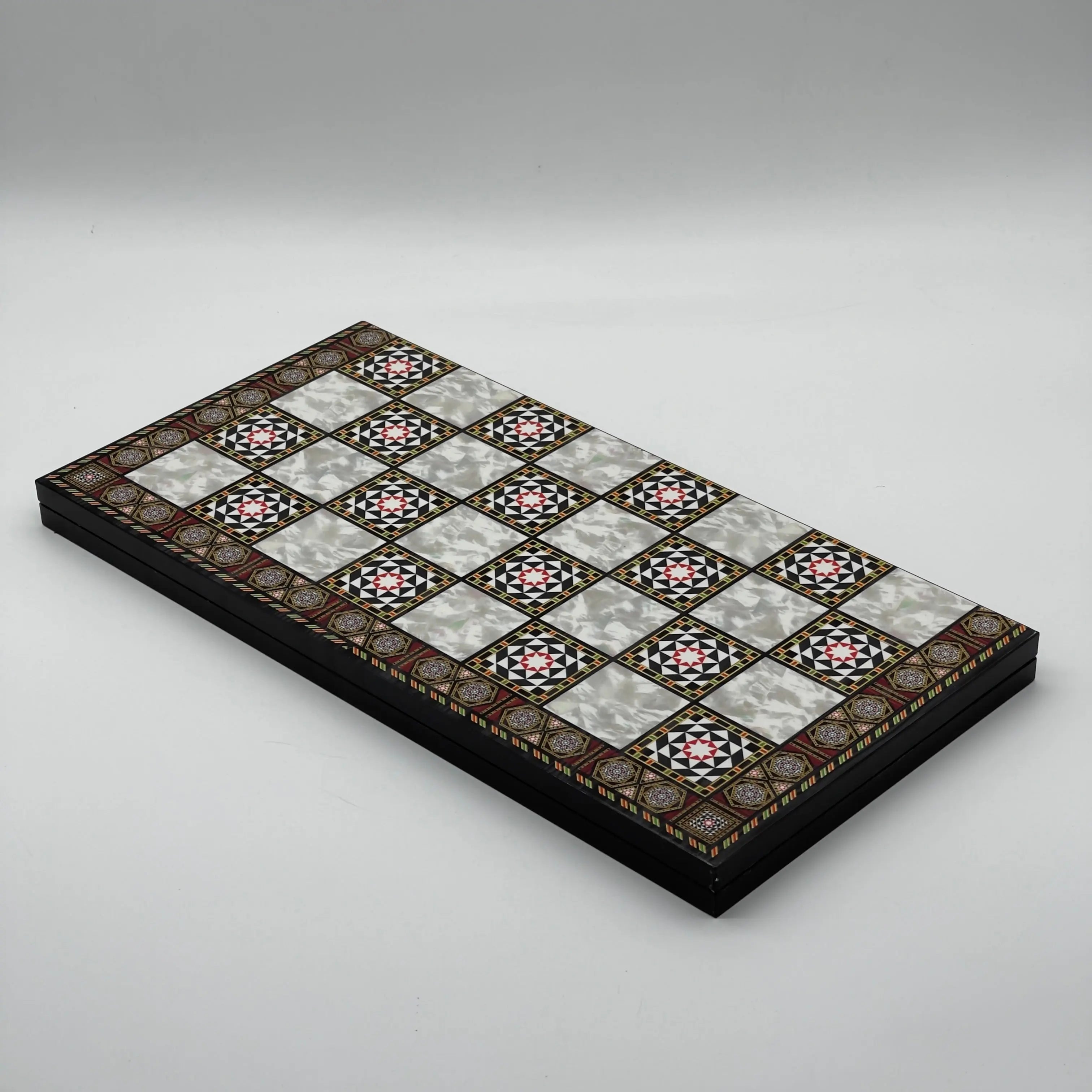 16.5" Mosaic Marble Pattern Folding Wooden Set With Wooden Chess Pieces Set