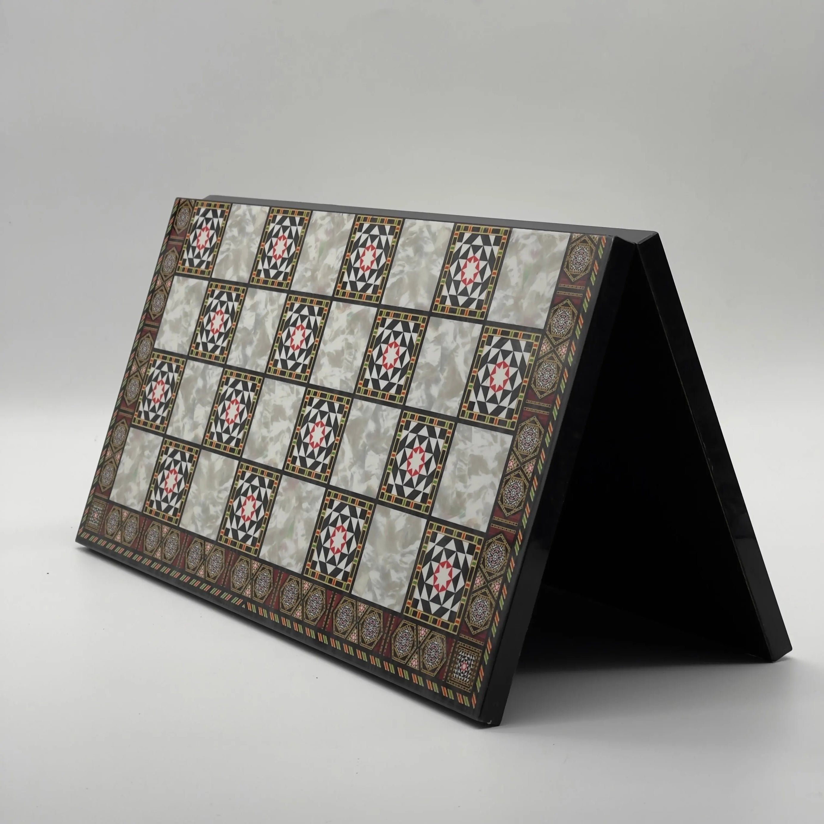 16.5" Mosaic Marble Pattern Folding Wooden Set With Wooden Chess Pieces Set