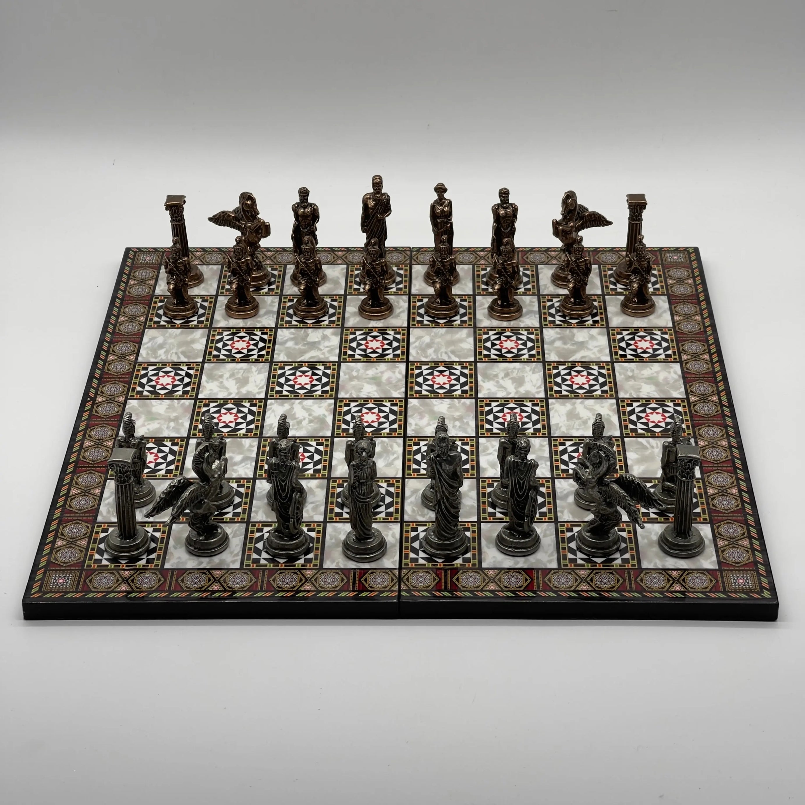 16.5" Mosaic Marble Pattern Folding Chess Board With Pegasus Metal Chess Pieces