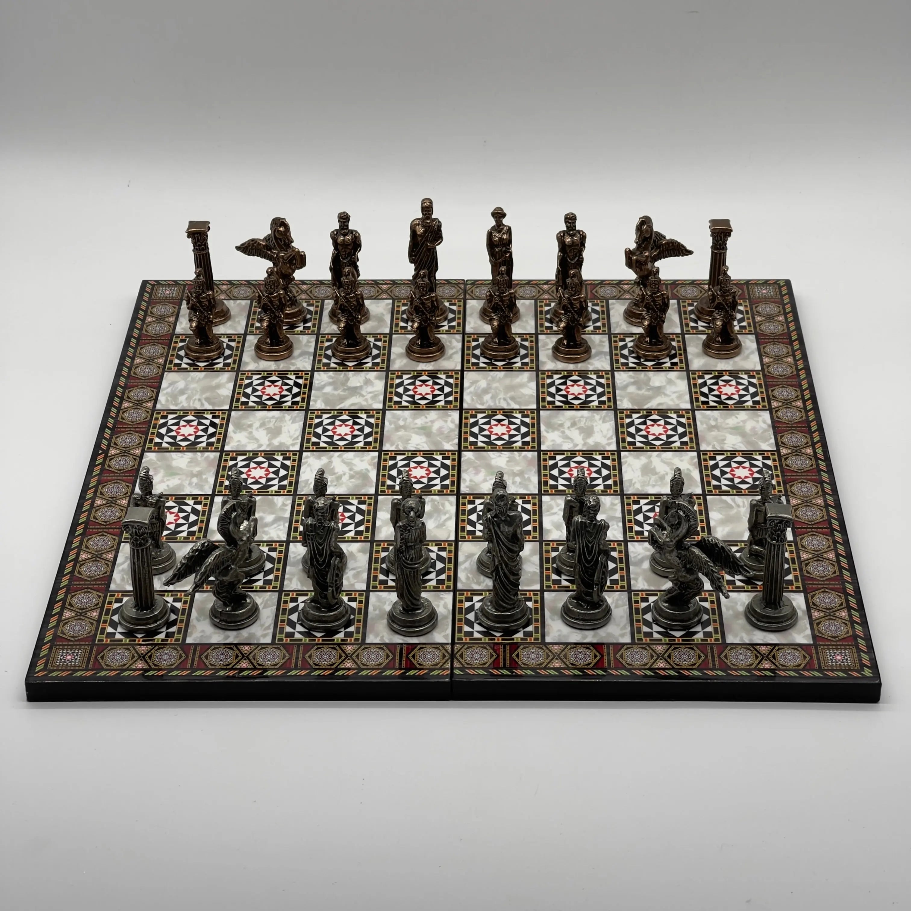 16.5" Mosaic Marble Pattern Folding Chess Board With Pegasus Metal Chess Pieces