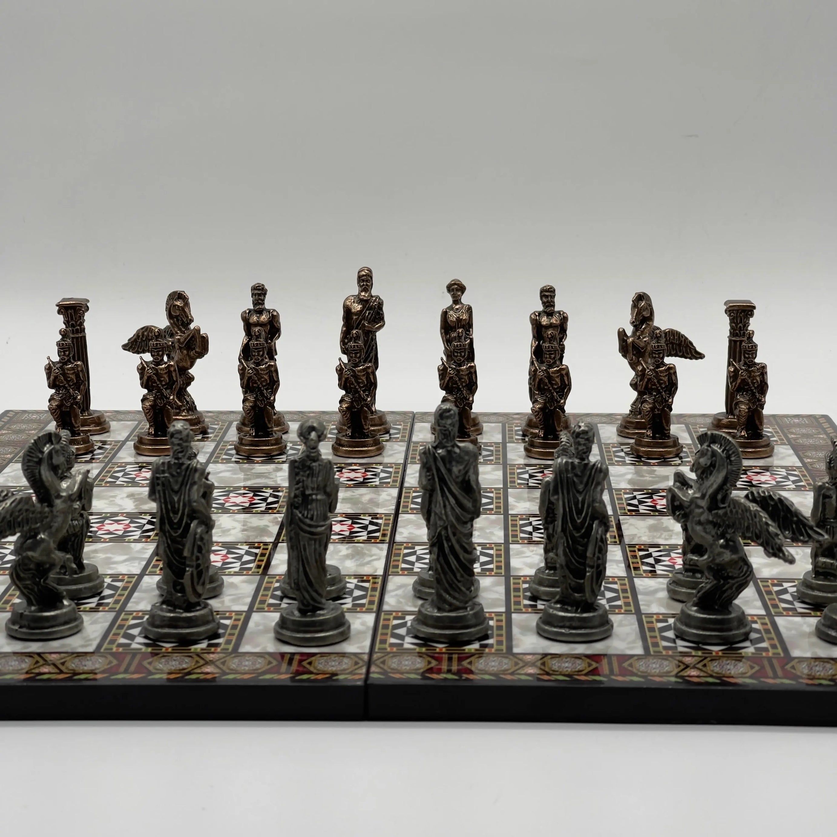 16.5" Mosaic Marble Pattern Folding Chess Board With Pegasus Metal Chess Pieces