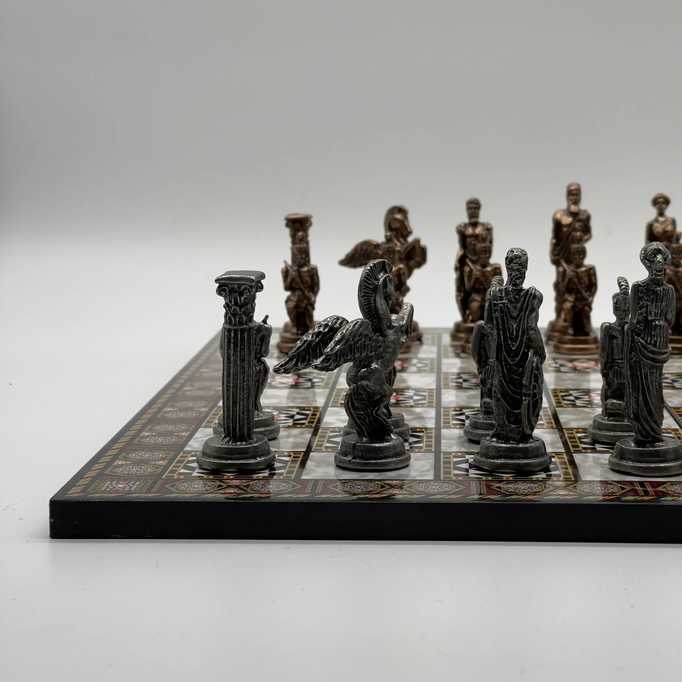 16.5" Mosaic Marble Pattern Folding Chess Board With Pegasus Metal Chess Pieces