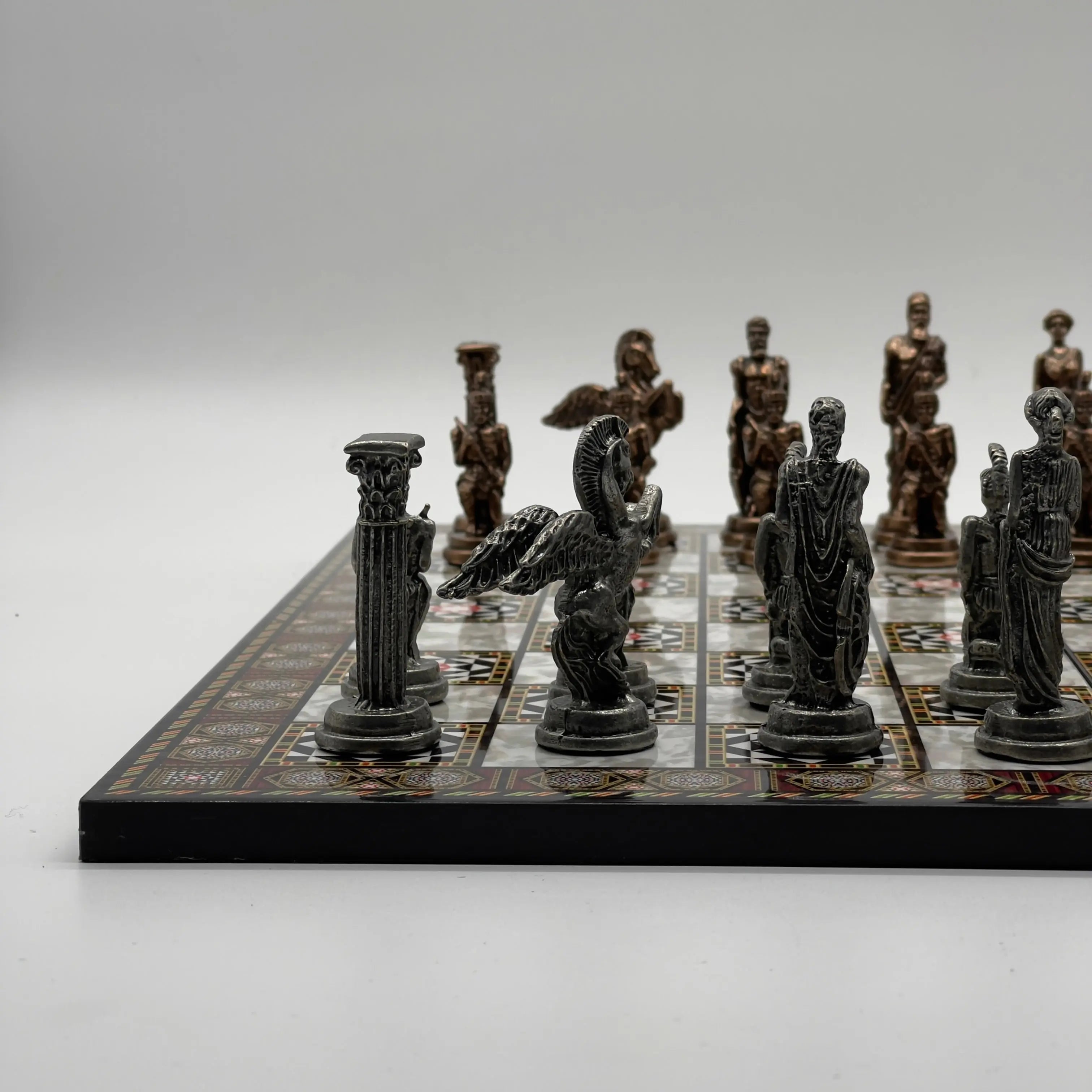 16.5" Mosaic Marble Pattern Folding Chess Board With Pegasus Metal Chess Pieces