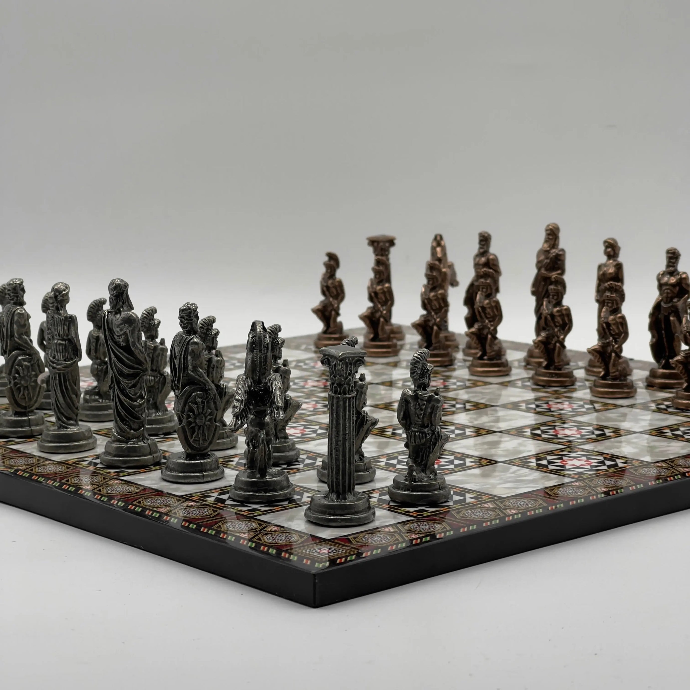 16.5" Mosaic Marble Pattern Folding Chess Board With Pegasus Metal Chess Pieces