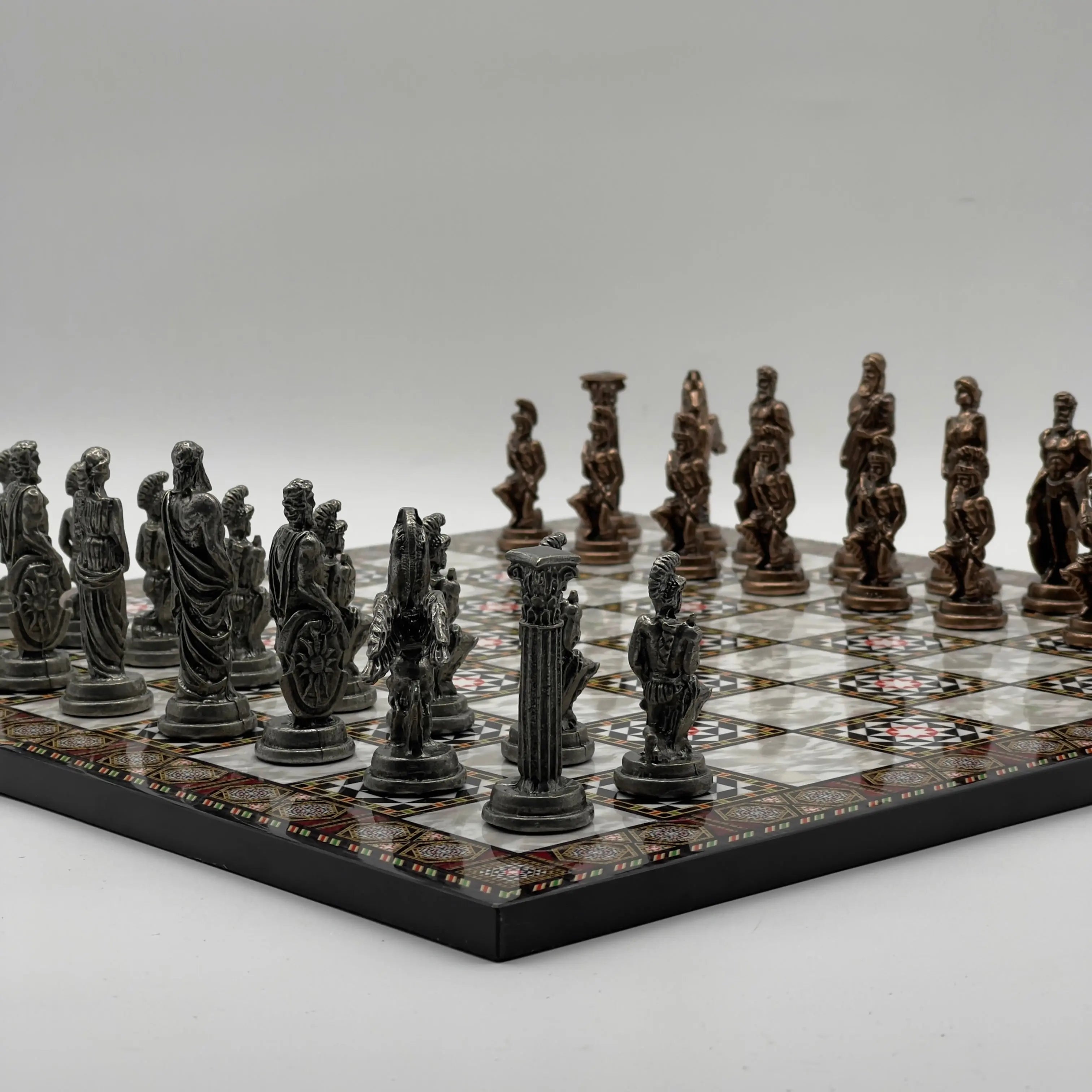 16.5" Mosaic Marble Pattern Folding Chess Board With Pegasus Metal Chess Pieces