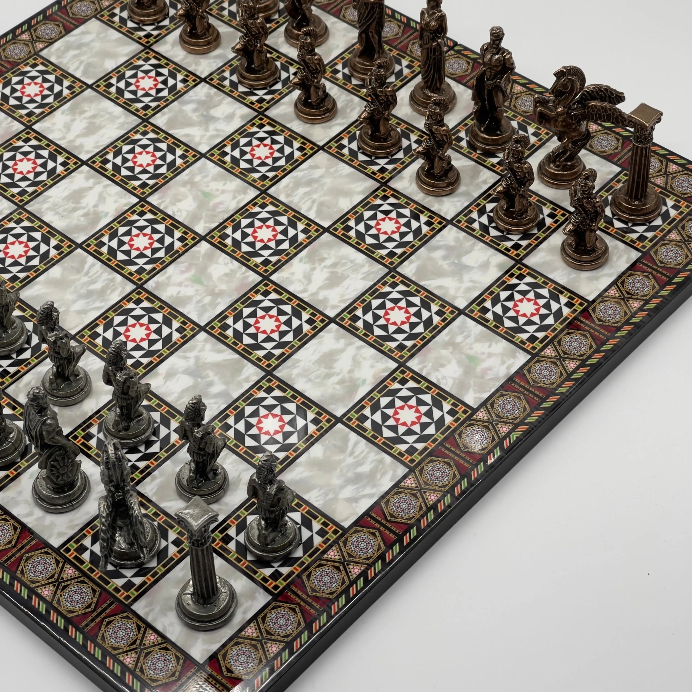 16.5" Mosaic Marble Pattern Folding Chess Board With Pegasus Metal Chess Pieces