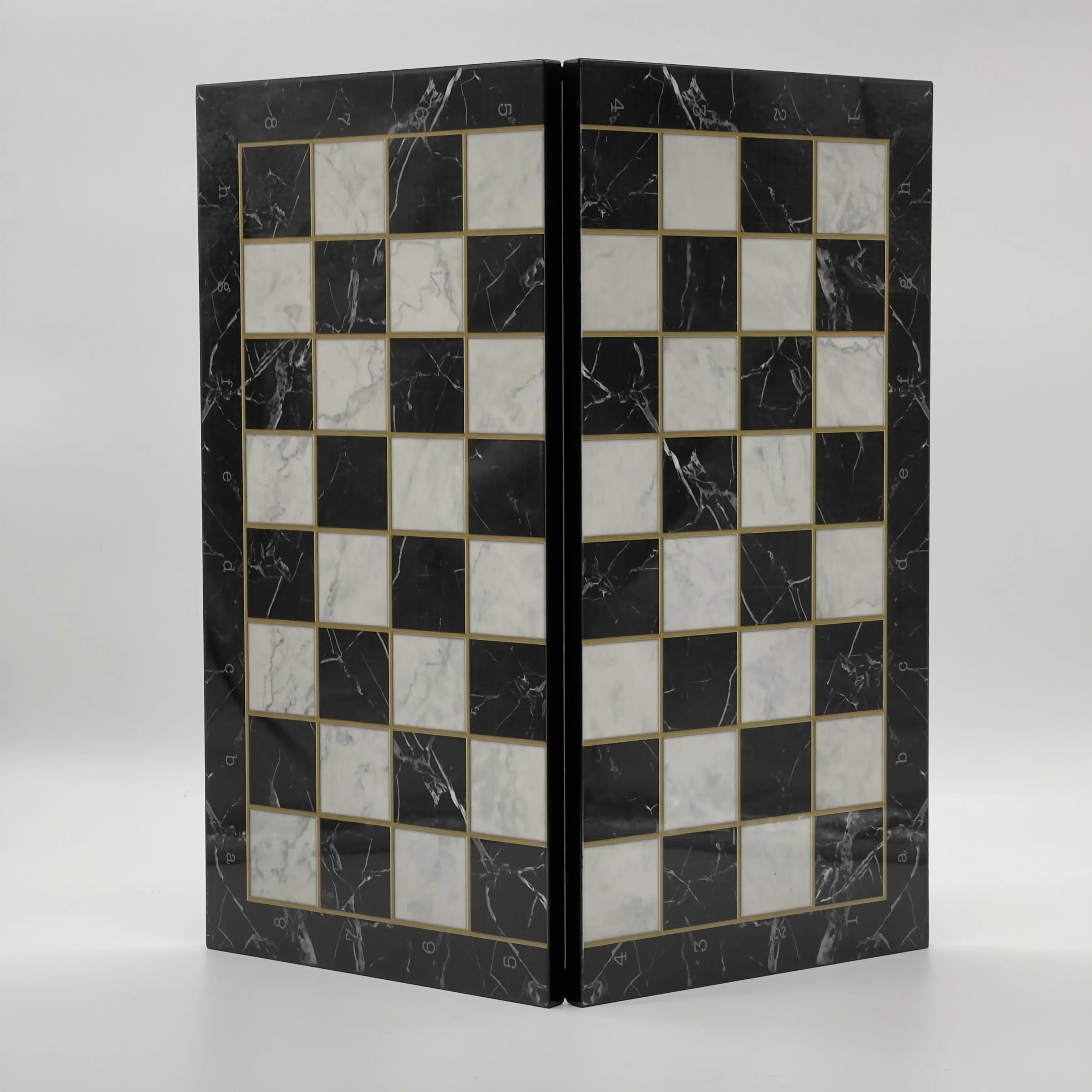 16.5" Black Marble Pattern Folding Chess Board With Classic Matte Metal Chess Pieces