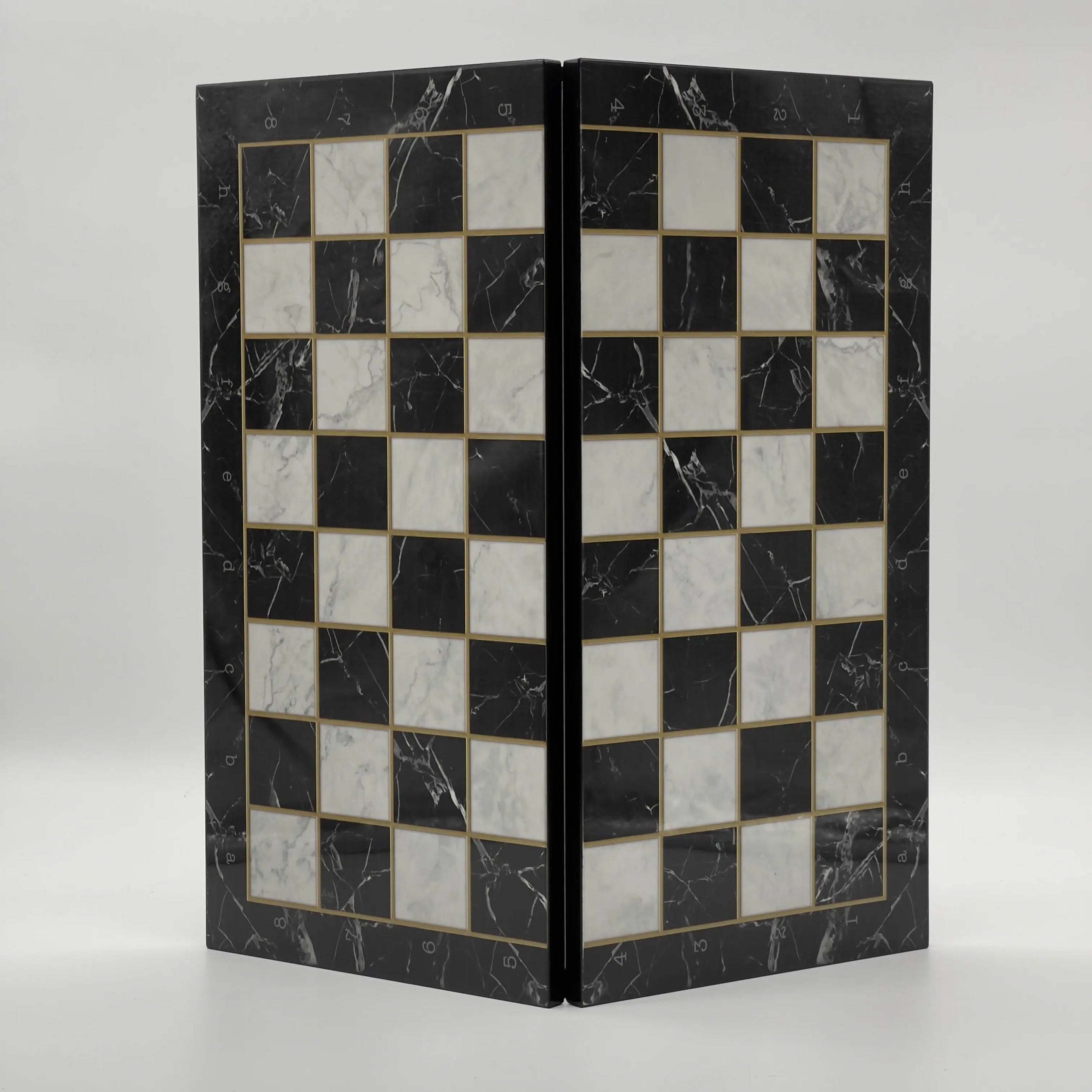 16.5" Black Marble Pattern Folding Chess Board With Classic Metal Chess Pieces