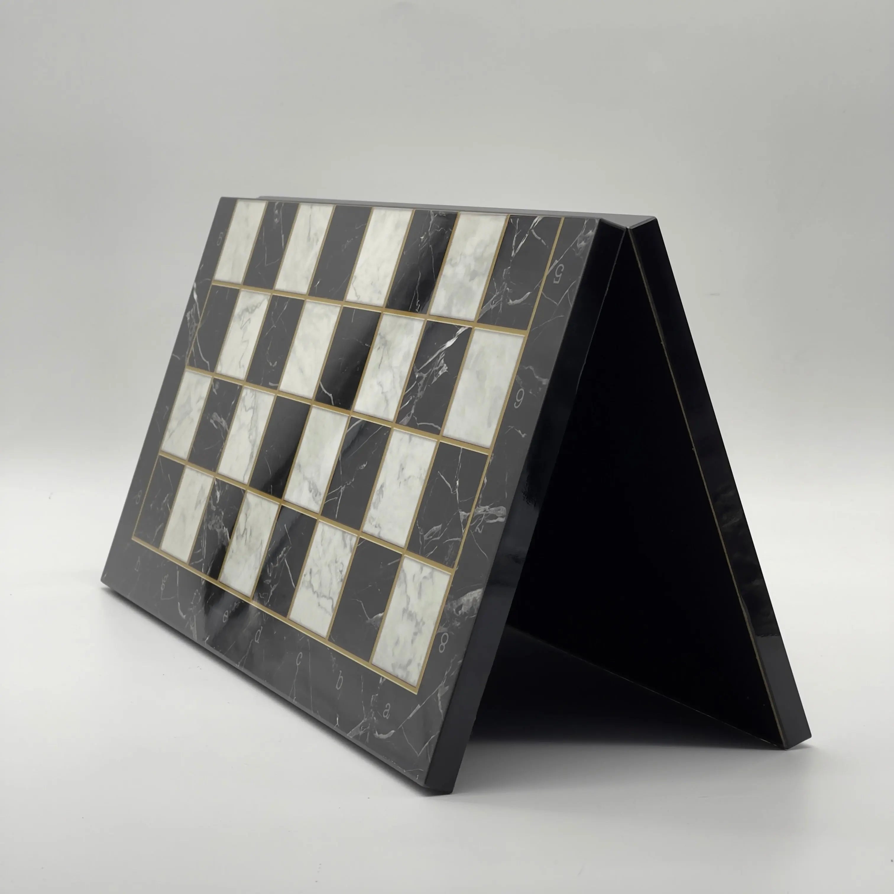 16.5" Black Marble Pattern Folding Chess Board With Pegasus Metal Chess Pieces