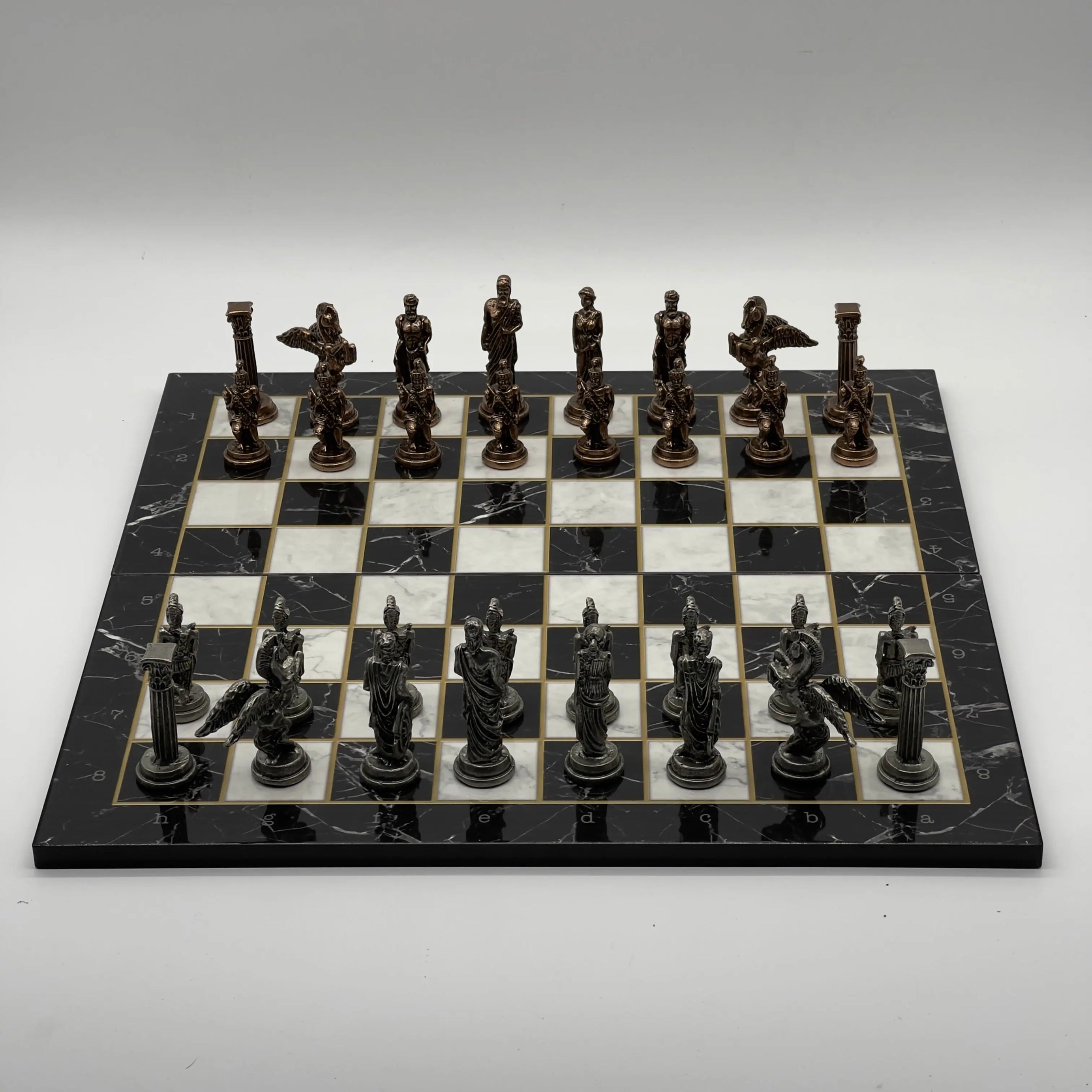 16.5" Black Marble Pattern Folding Chess Board With Pegasus Metal Chess Pieces