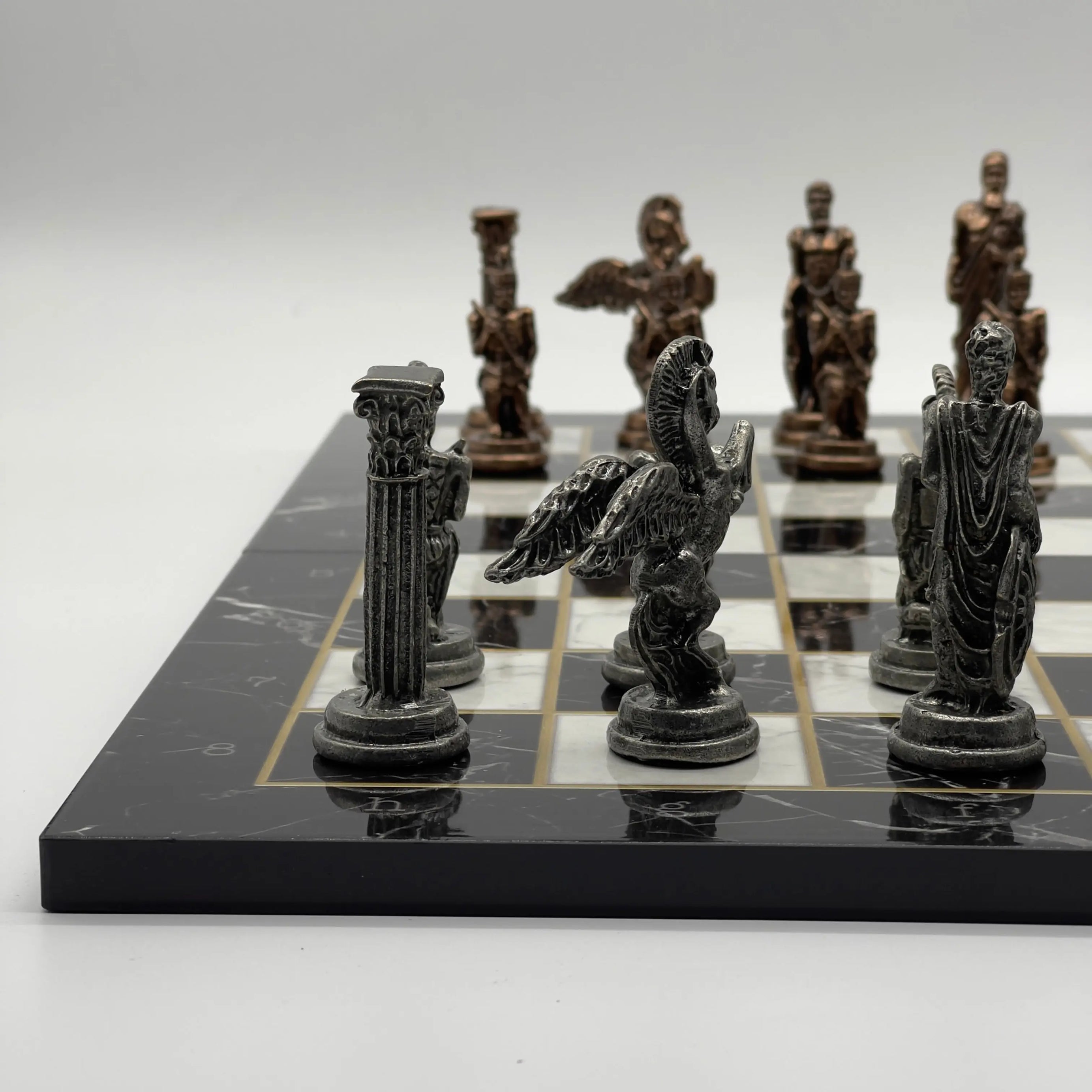 16.5" Black Marble Pattern Folding Chess Board With Pegasus Metal Chess Pieces