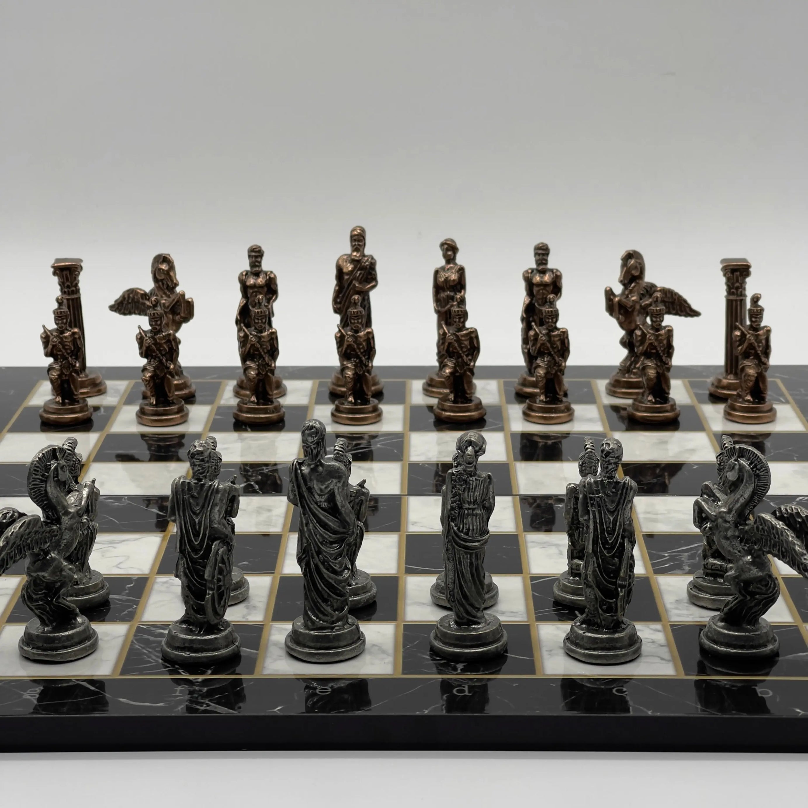 16.5" Black Marble Pattern Folding Chess Board With Pegasus Metal Chess Pieces