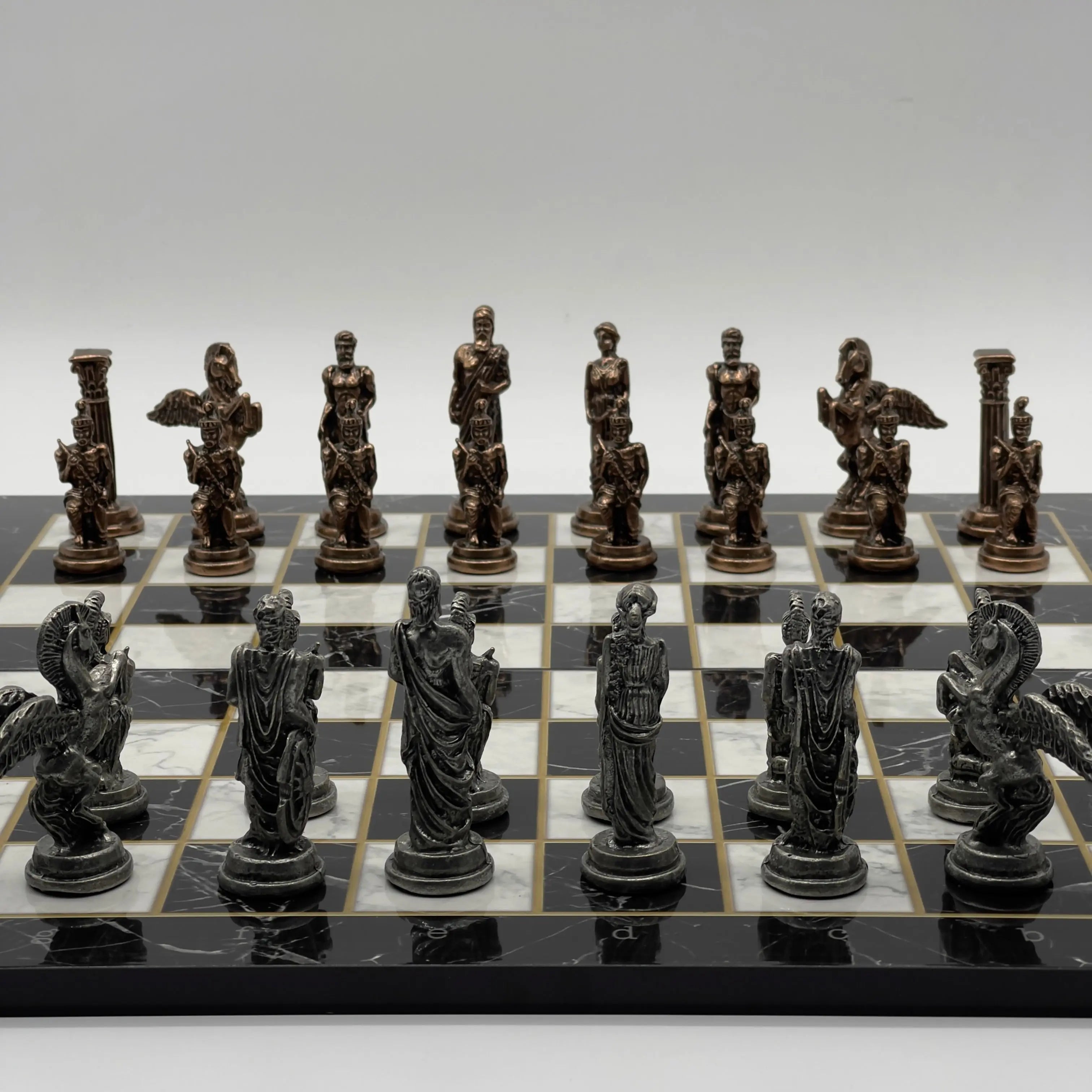 16.5" Black Marble Pattern Folding Chess Board With Pegasus Metal Chess Pieces