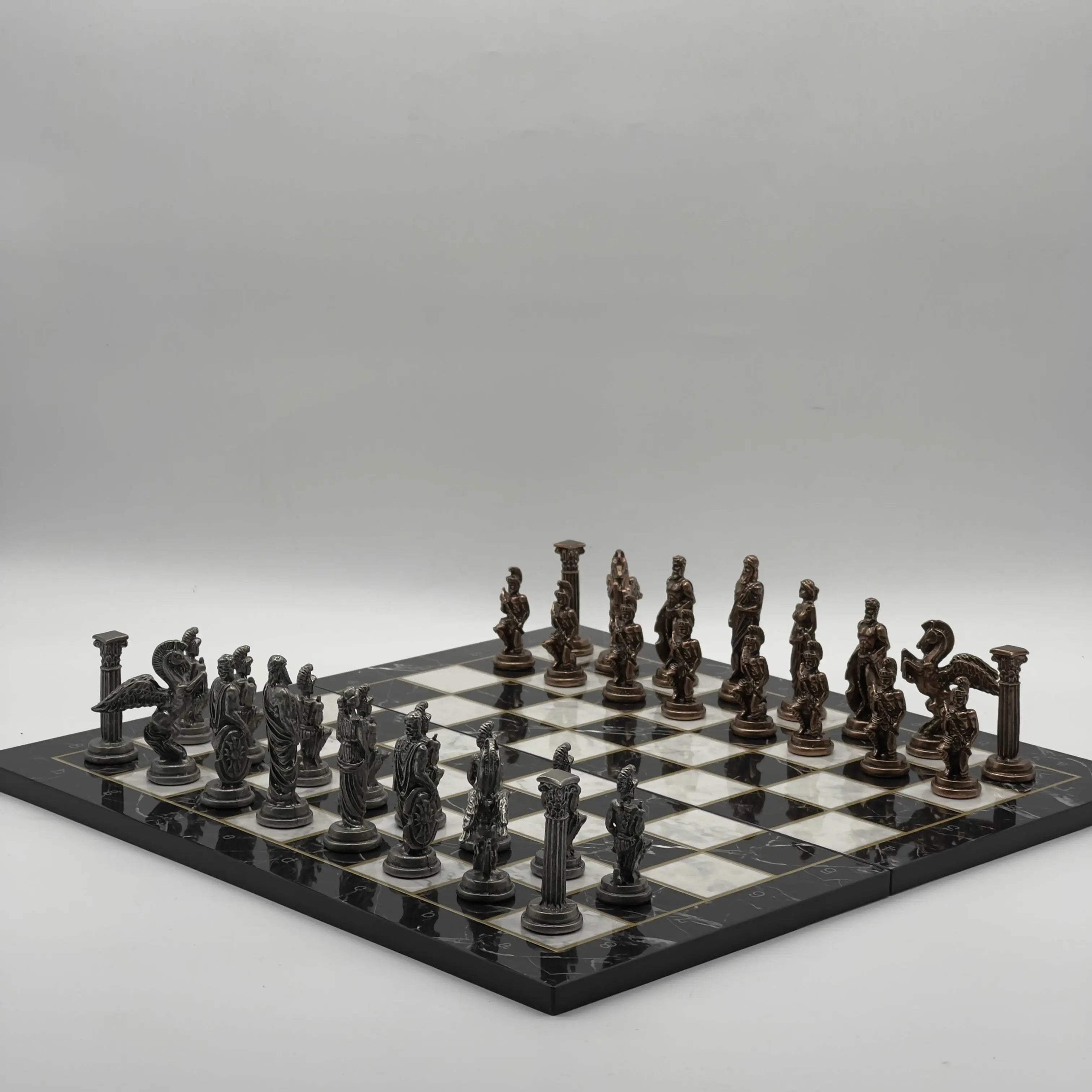 16.5" Black Marble Pattern Folding Chess Board With Pegasus Metal Chess Pieces