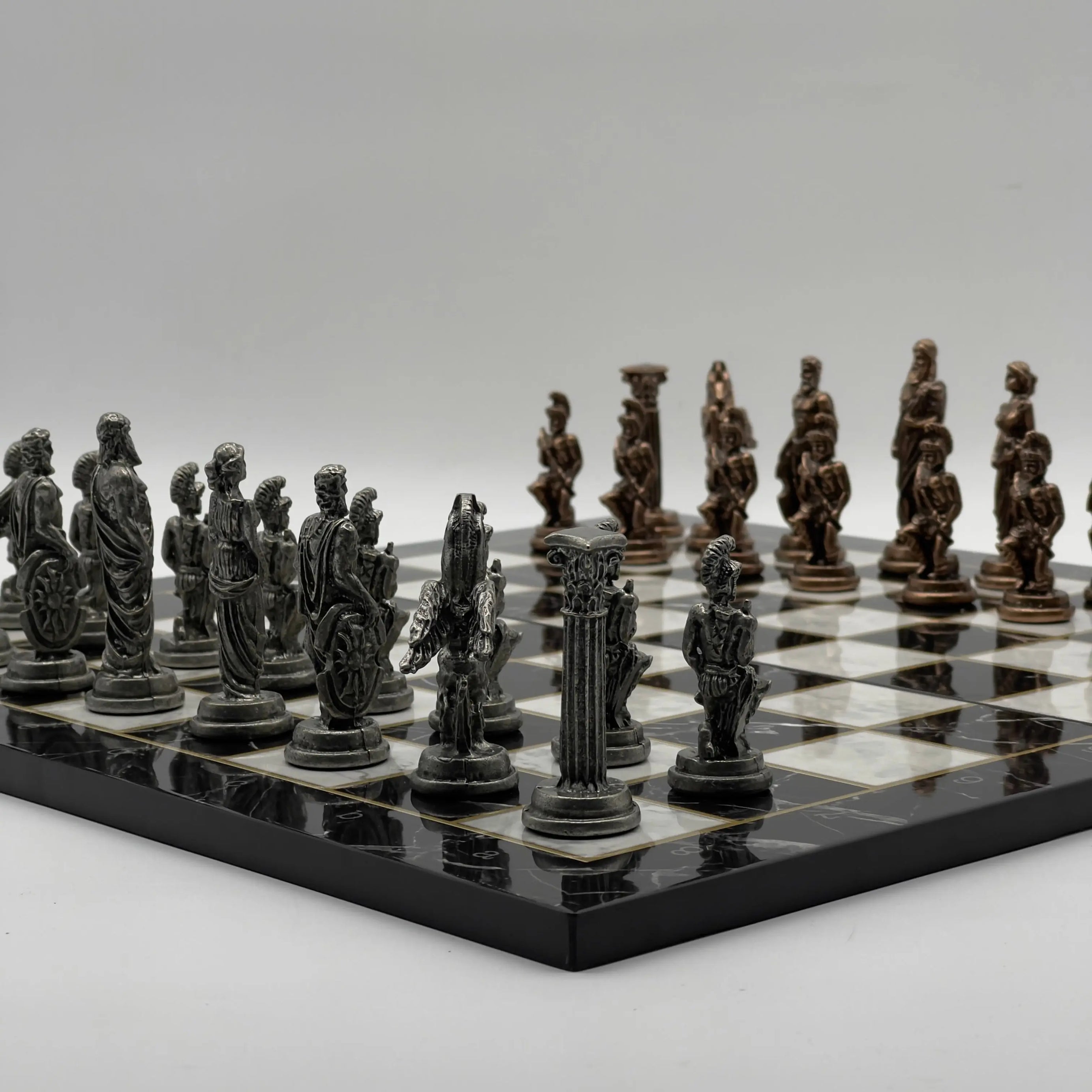16.5" Black Marble Pattern Folding Chess Board With Pegasus Metal Chess Pieces