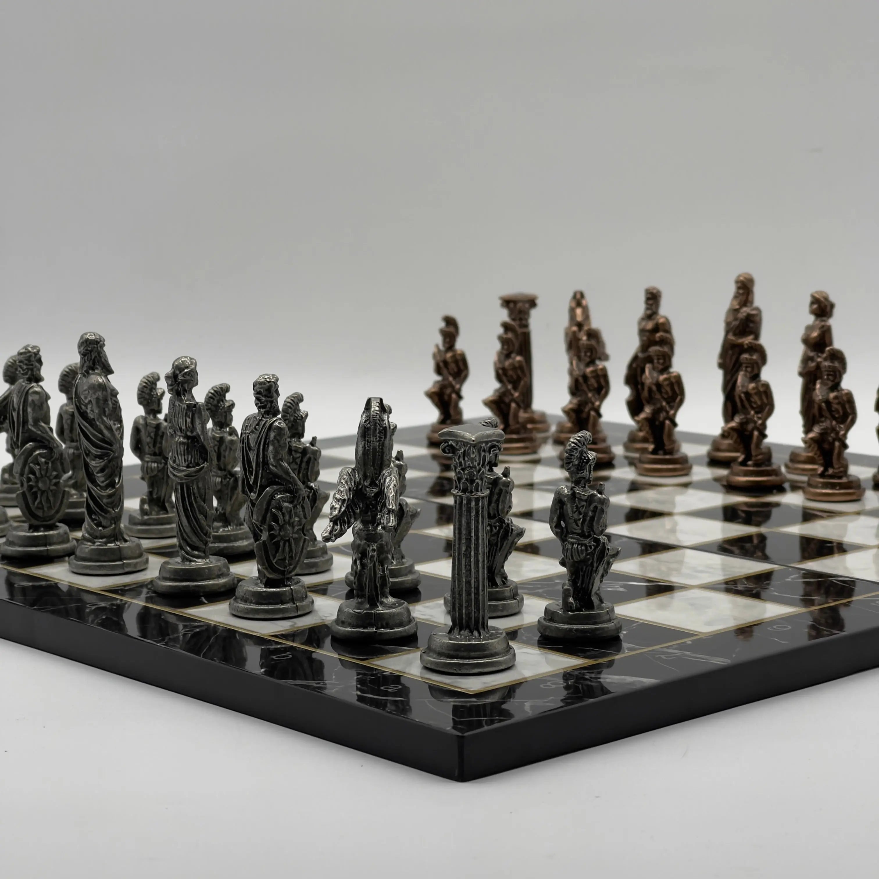 16.5" Black Marble Pattern Folding Chess Board With Pegasus Metal Chess Pieces