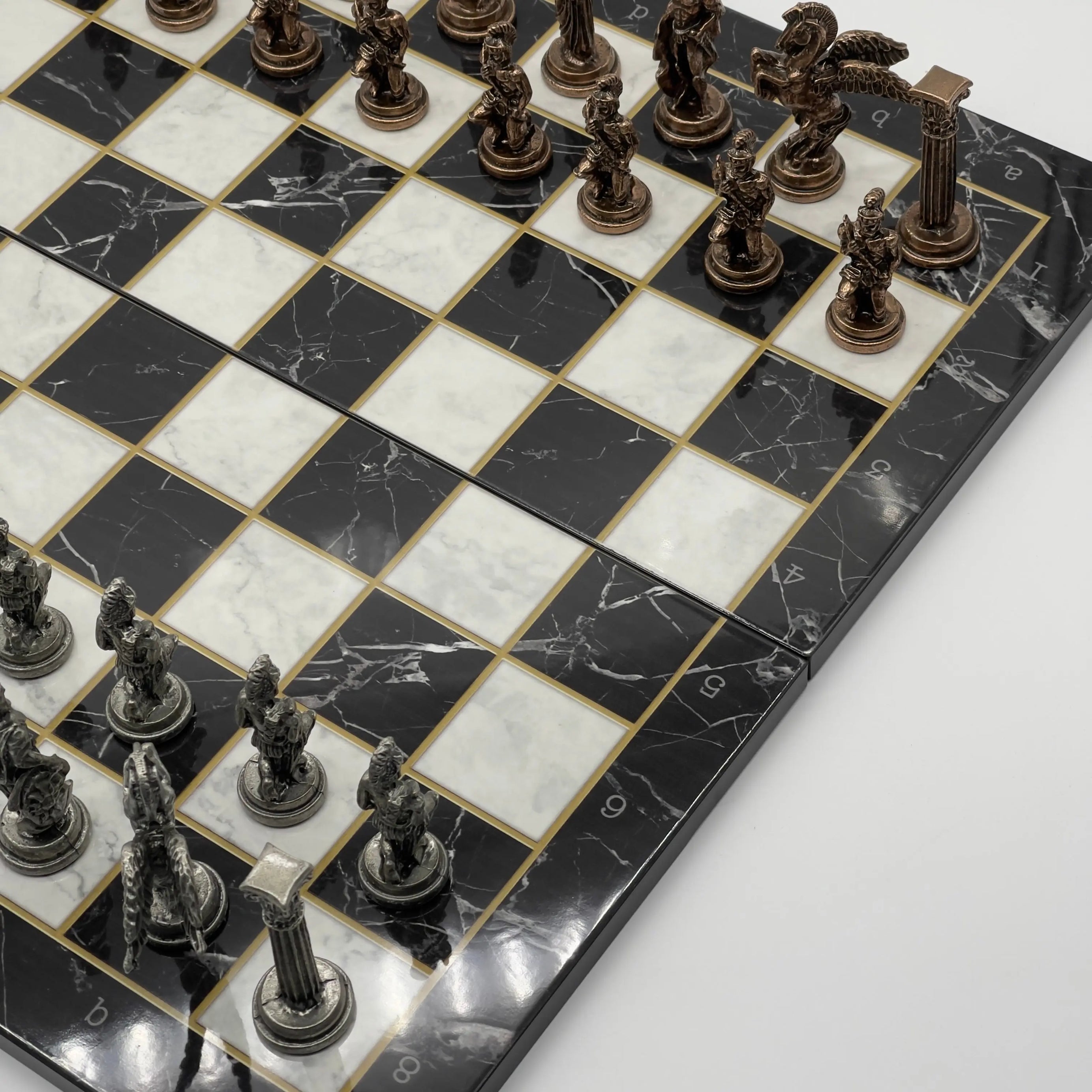 16.5" Black Marble Pattern Folding Chess Board With Pegasus Metal Chess Pieces