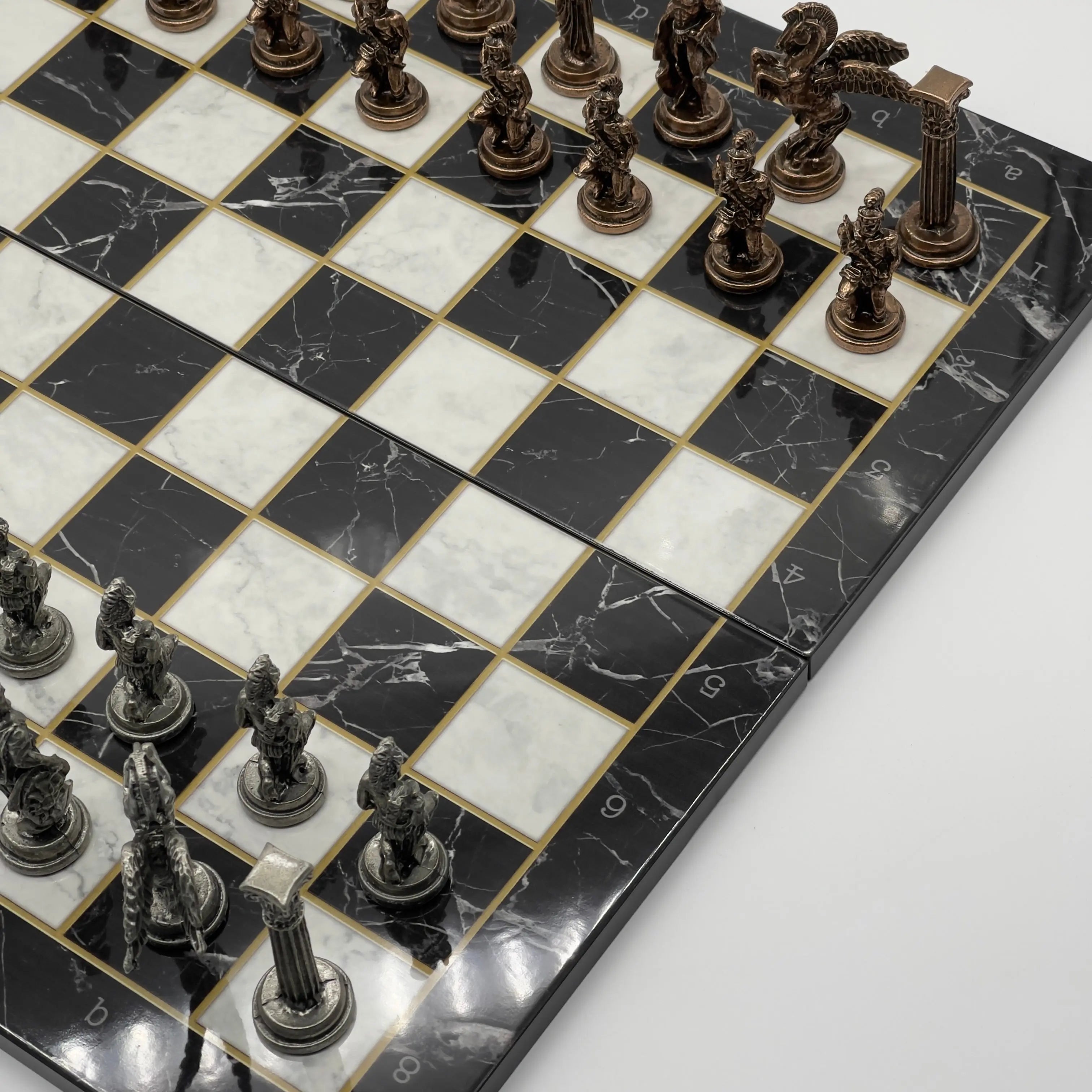 16.5" Black Marble Pattern Folding Chess Board With Pegasus Metal Chess Pieces