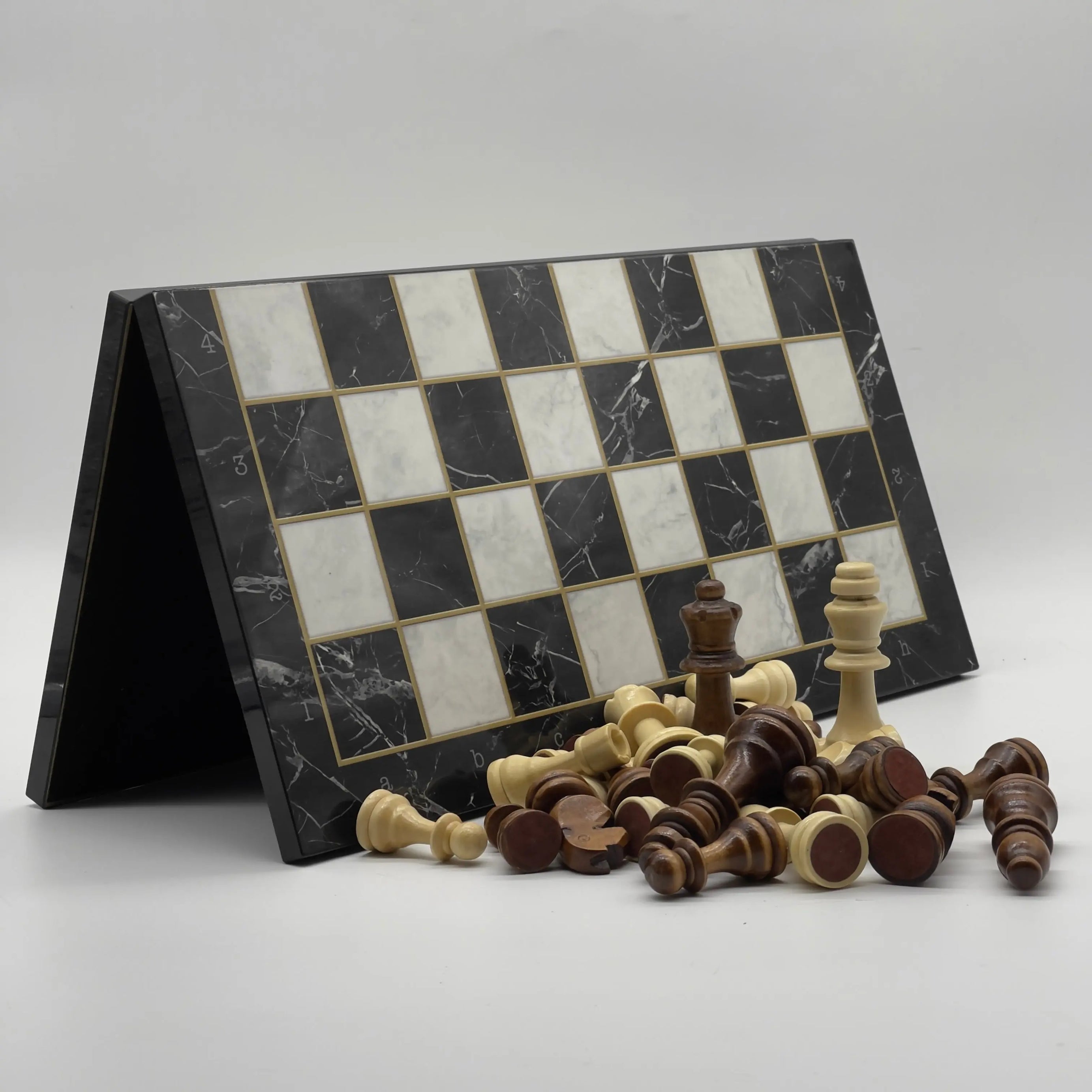 16.5" Black Marble Pattern Folding Wooden Set With Wooden Chess Pieces Set