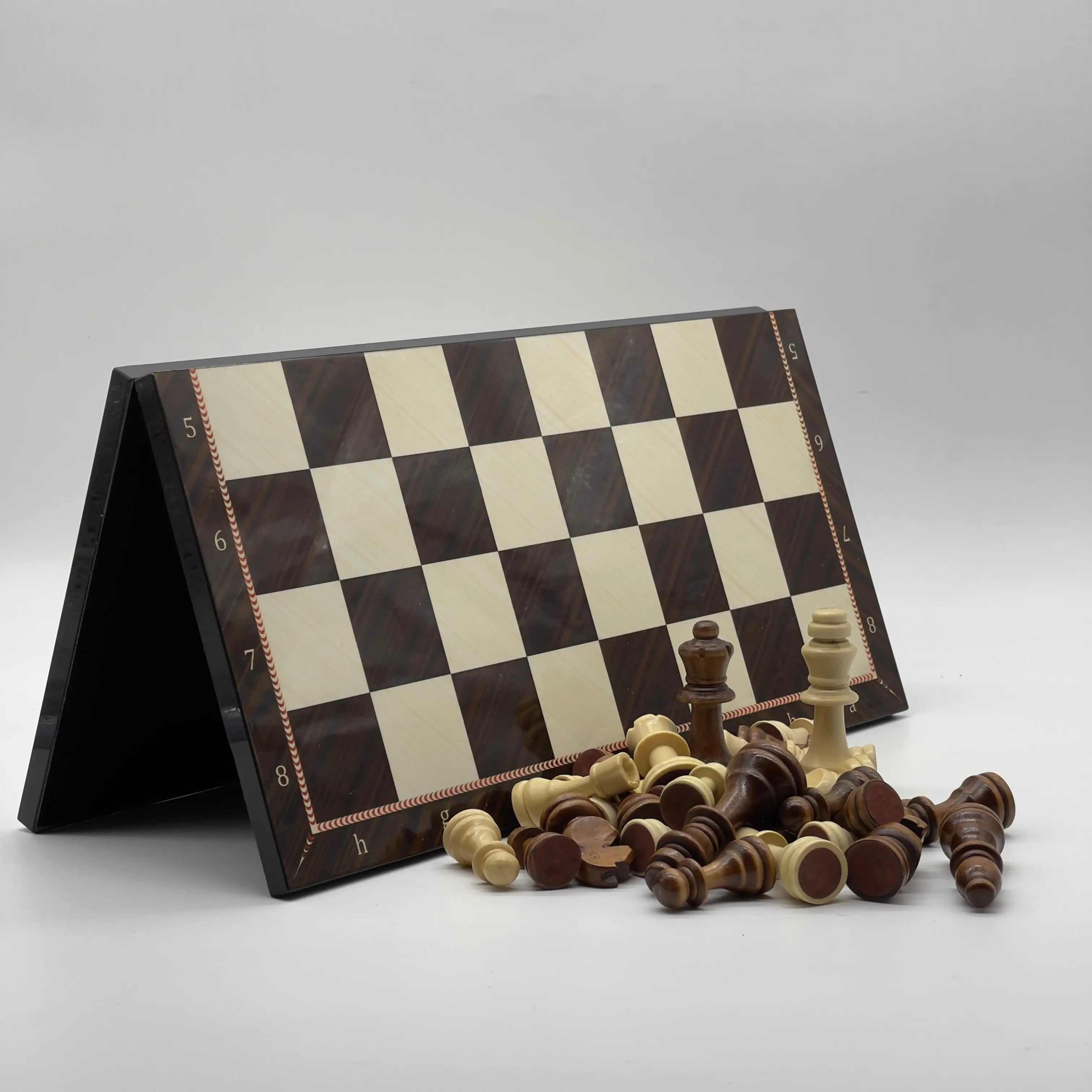 16.5" Walnut Marble Pattern Folding Wooden Set With Wooden Chess Pieces Set