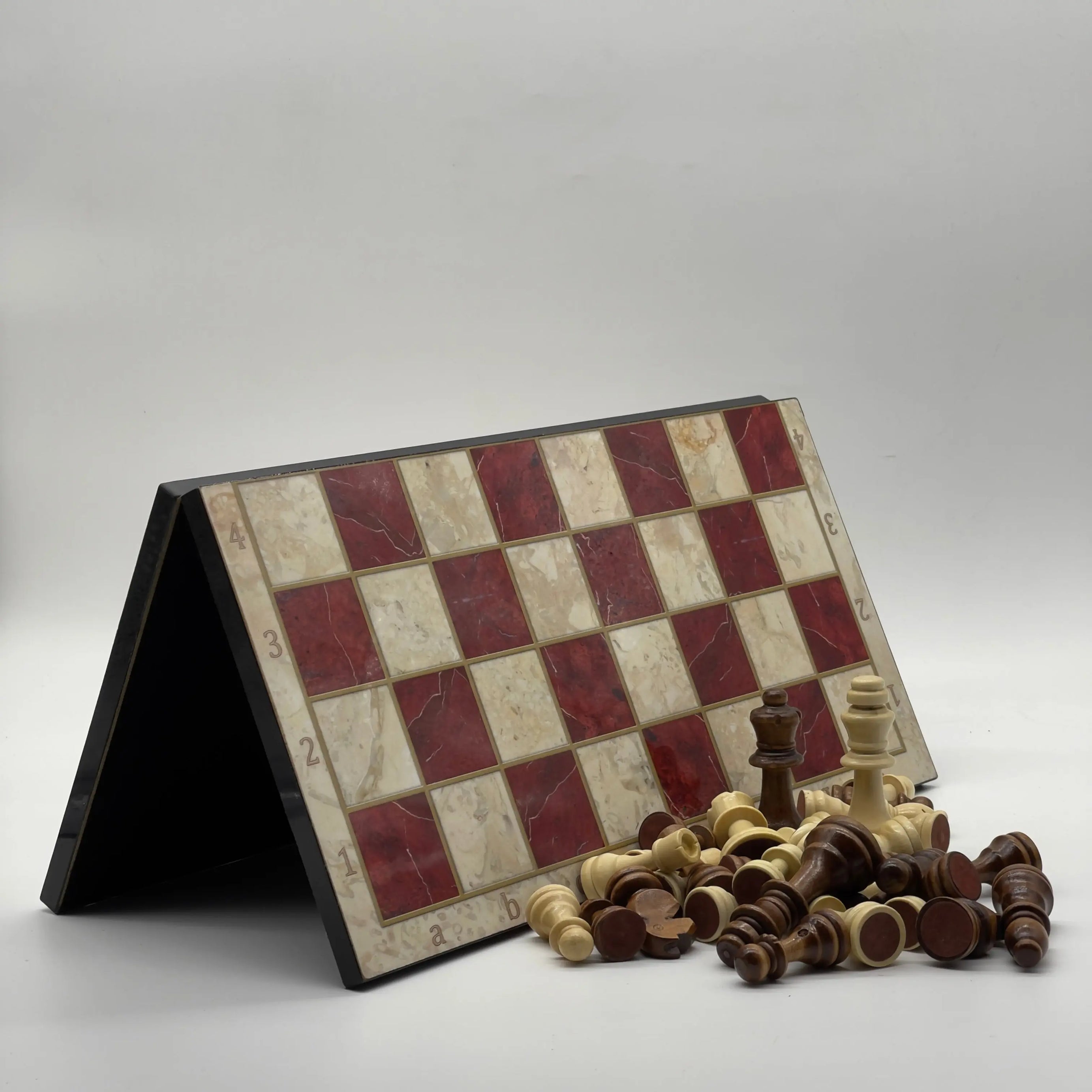 16.5" Red Marble Pattern Folding Wooden Set With Wooden Chess Pieces Set