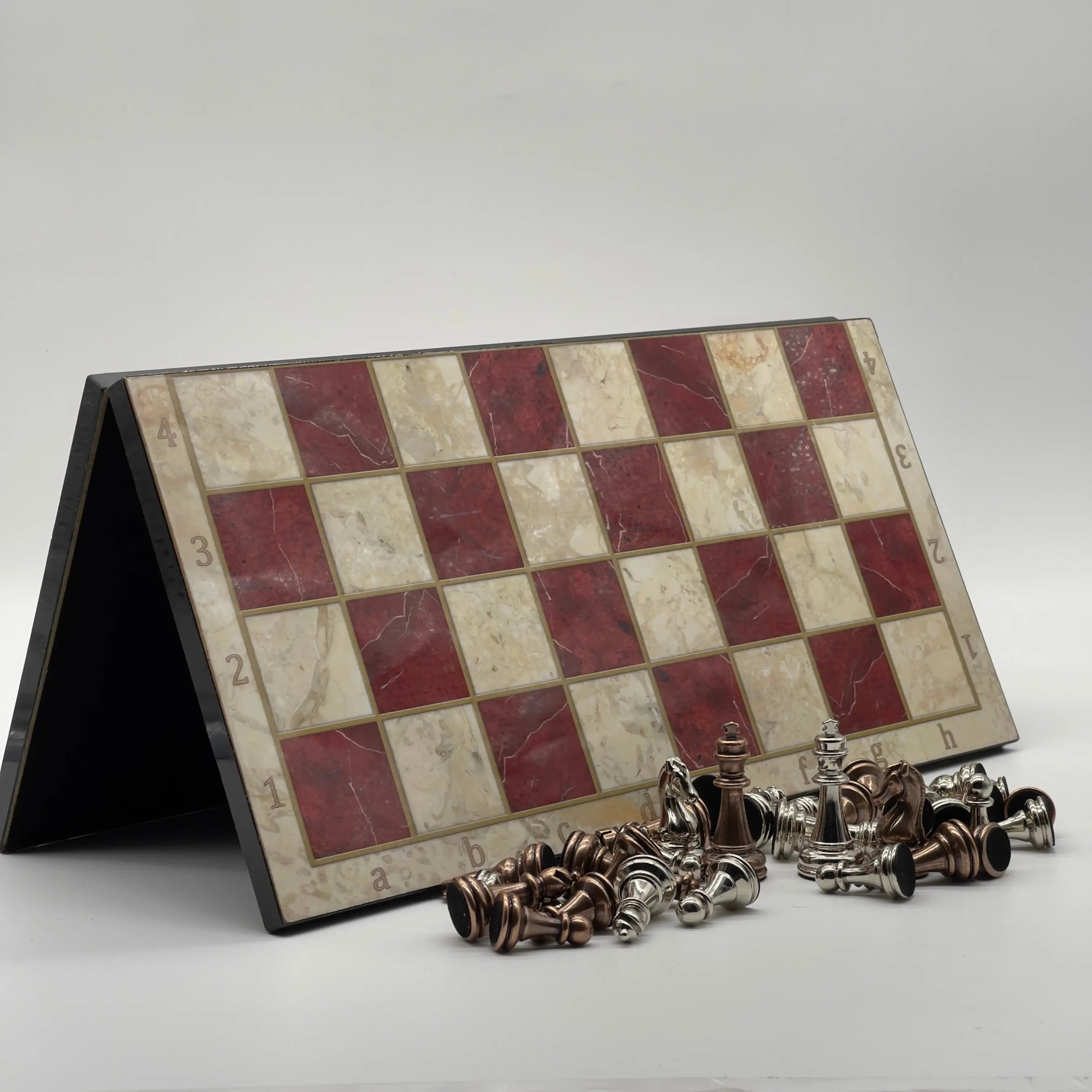 16.5" Red Marble Pattern Folding Chess Board With Classic Metal Chess Pieces
