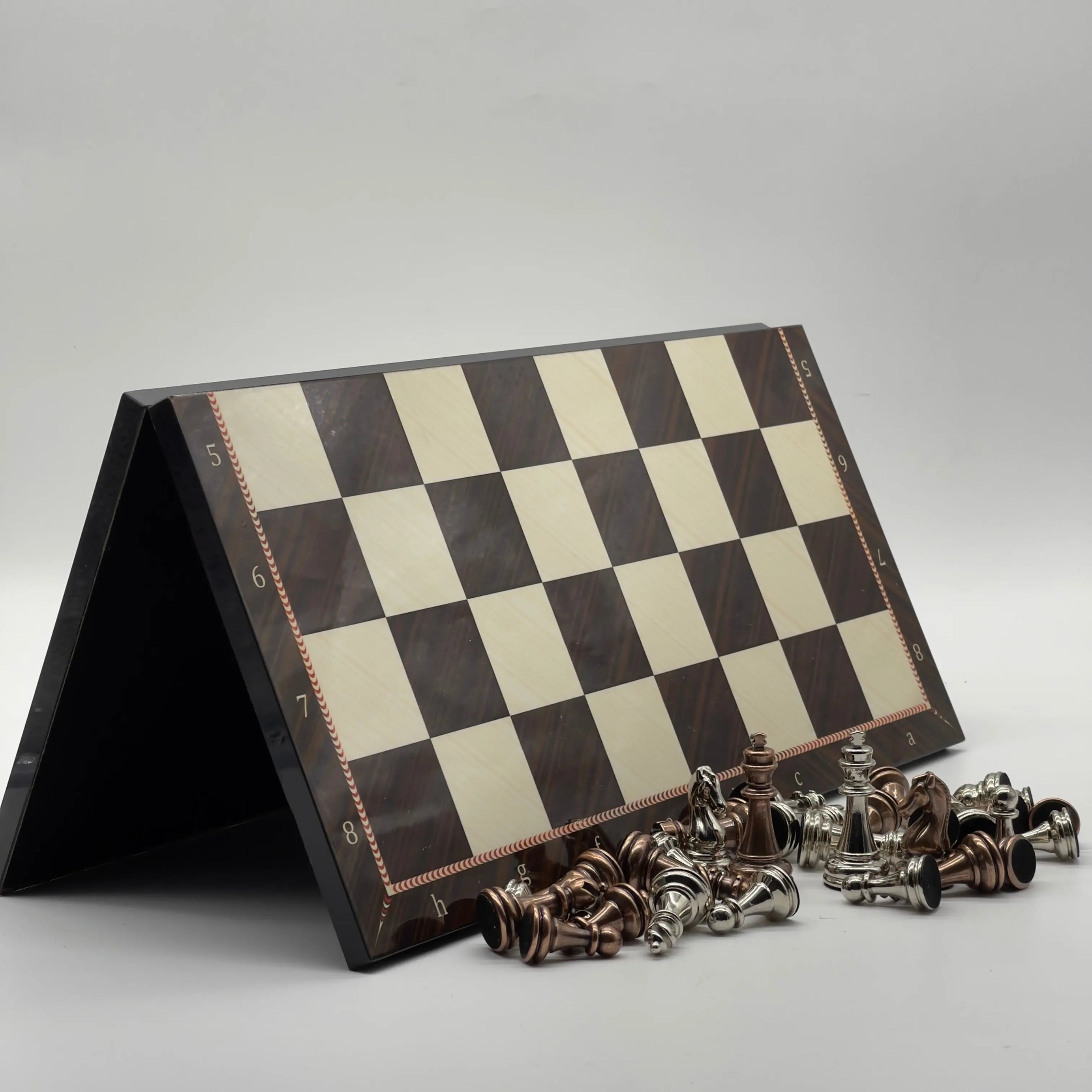16.5" Walnut Marble Pattern Folding Chess Board With Classic Metal Chess Pieces