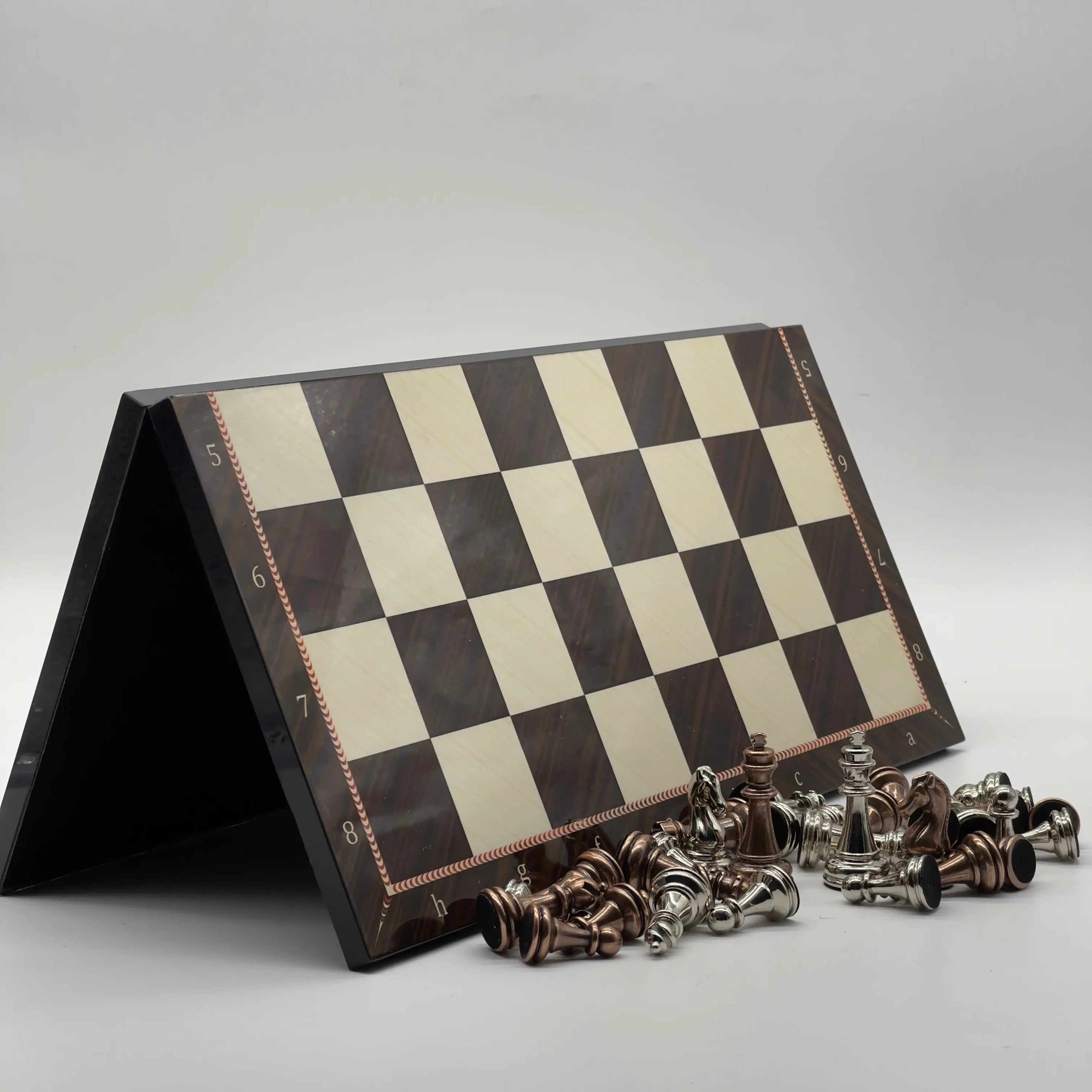 16.5" Walnut Marble Pattern Folding Chess Board With Classic Metal Chess Pieces