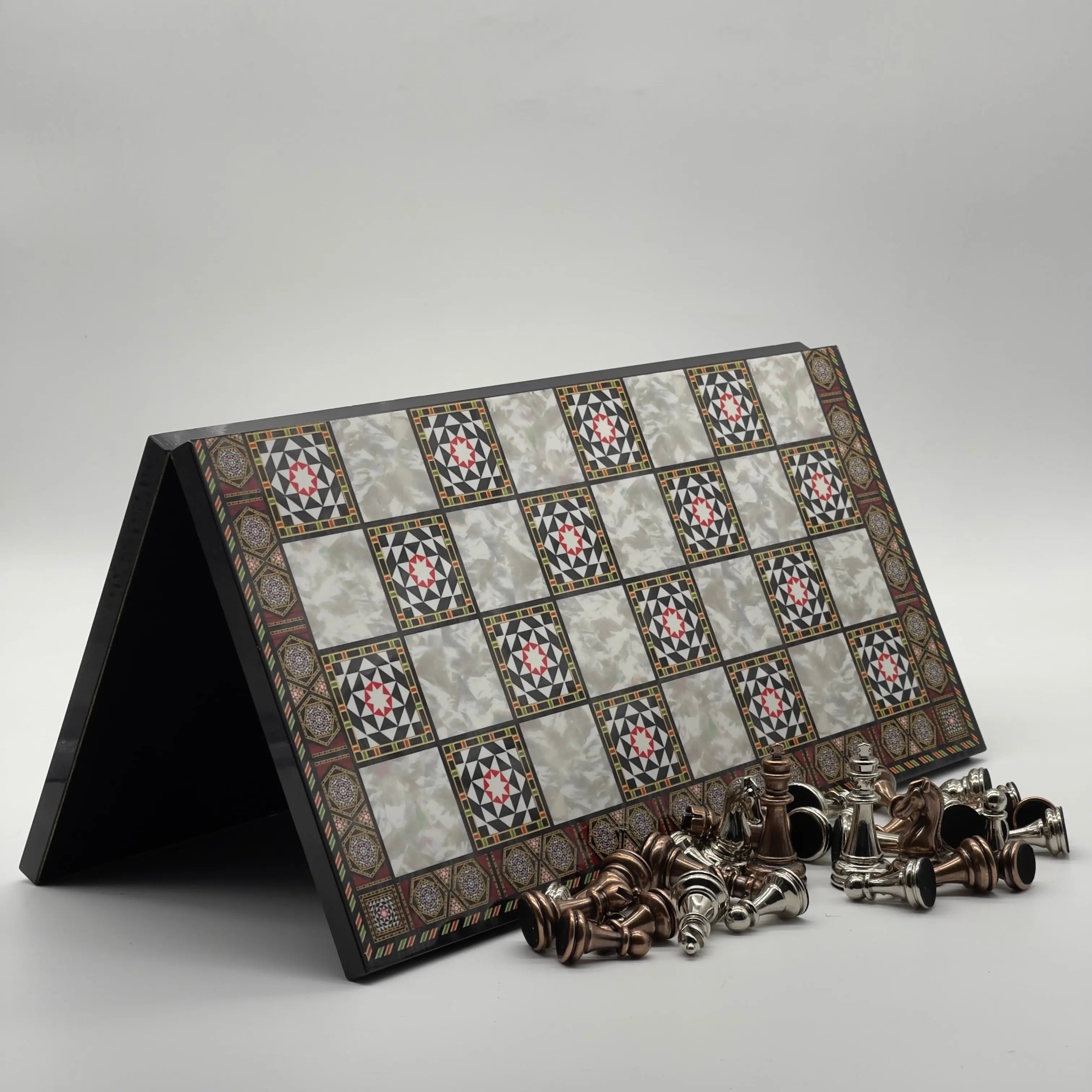 16.5" Mosaic Marble Pattern Folding Chess Board With Classic Metal Chess Pieces