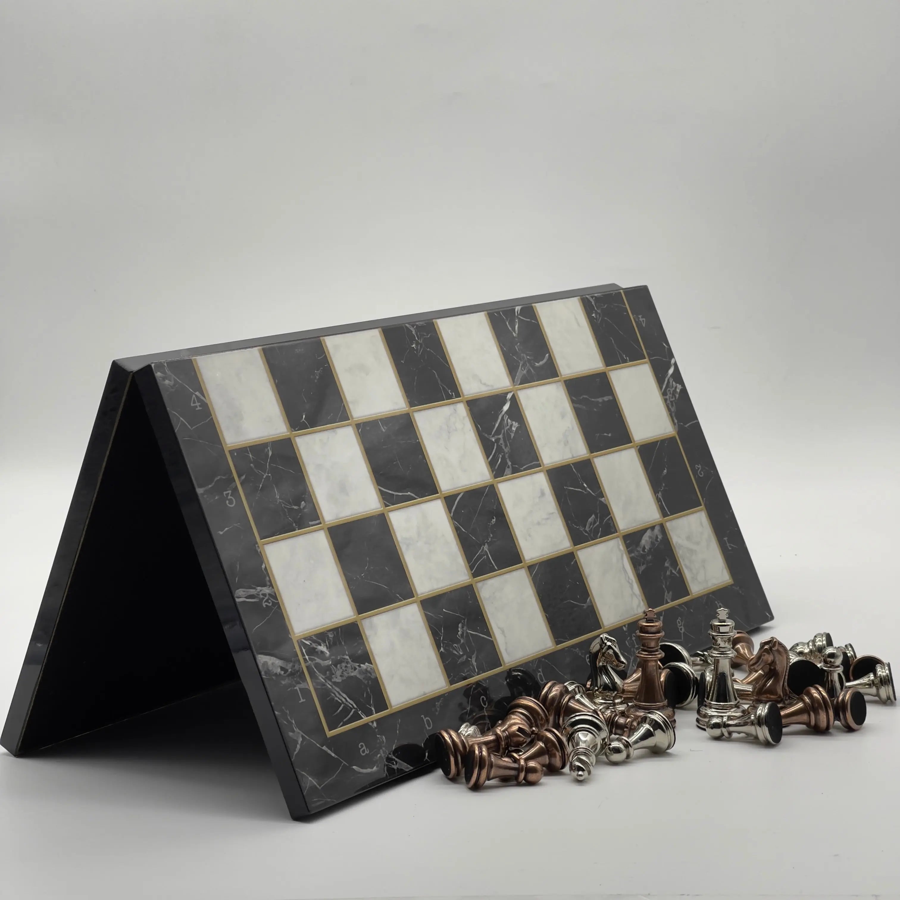 16.5" Black Marble Pattern Folding Chess Board With Classic Metal Chess Pieces