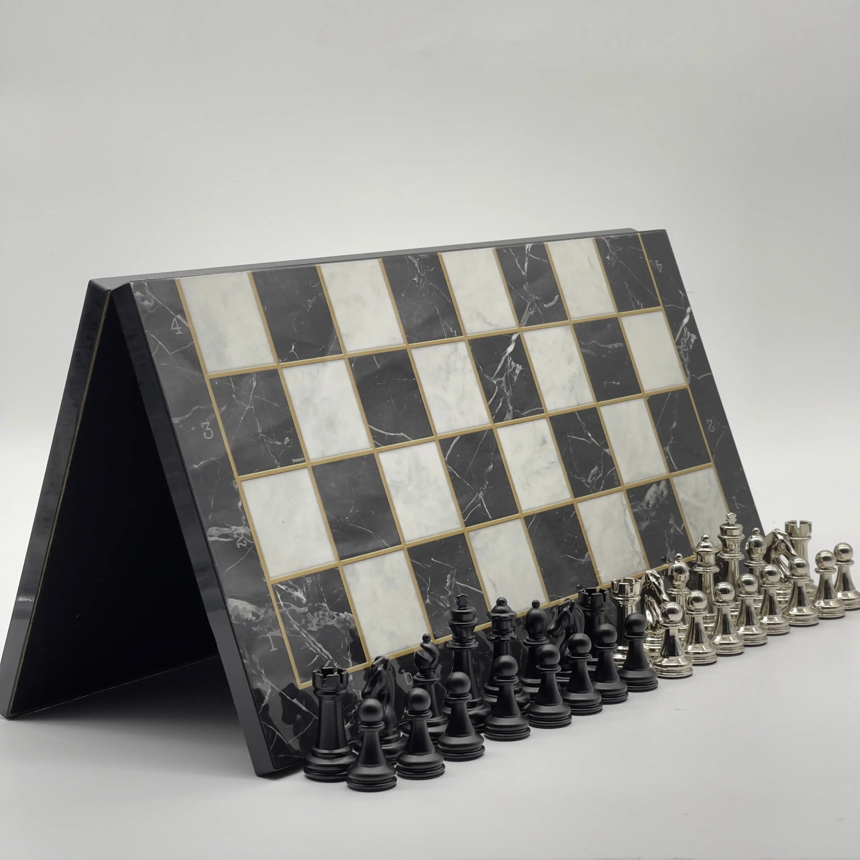 16.5" Black Marble Pattern Folding Chess Board With Classic Matte Metal Chess Pieces