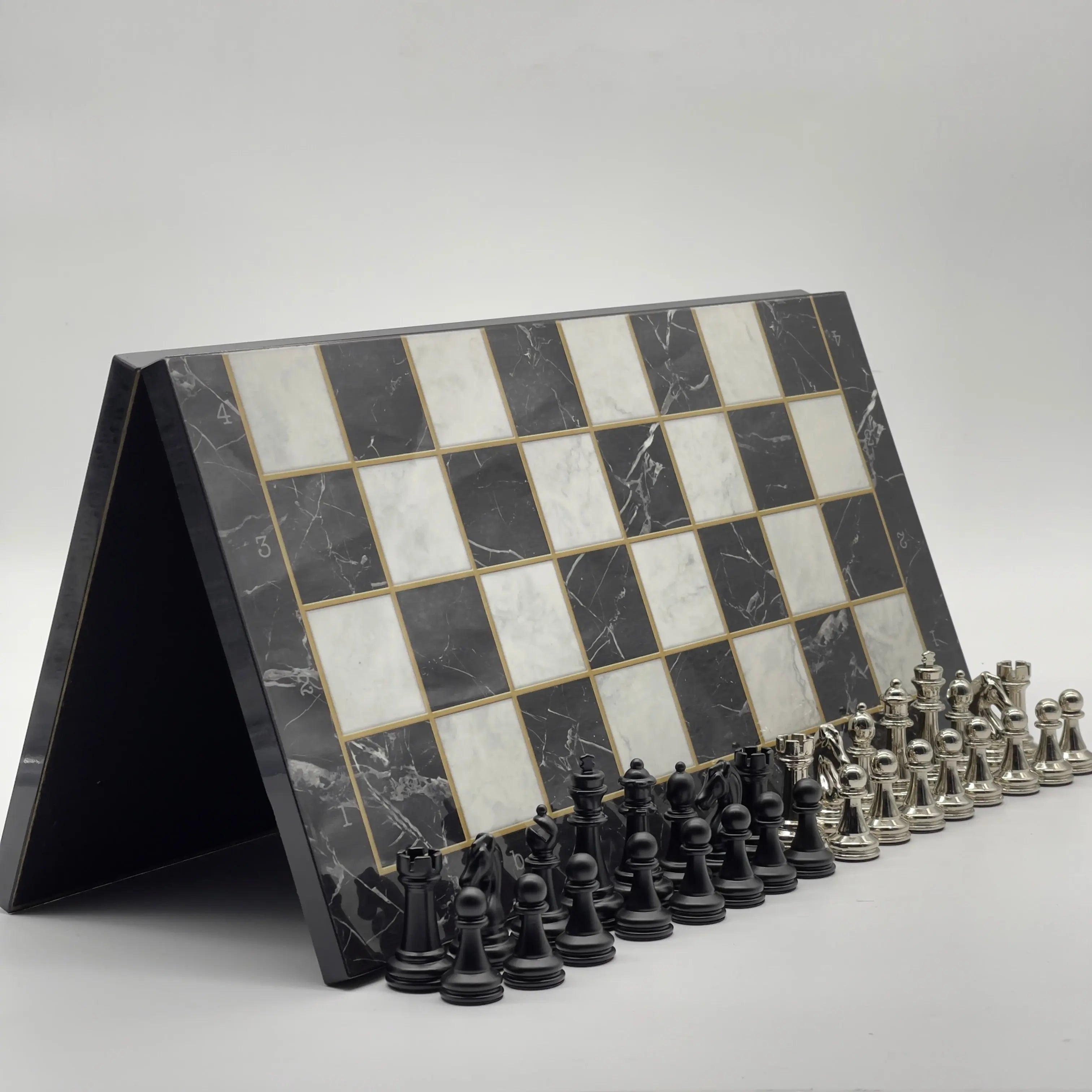 16.5" Black Marble Pattern Folding Chess Board With Classic Matte Metal Chess Pieces