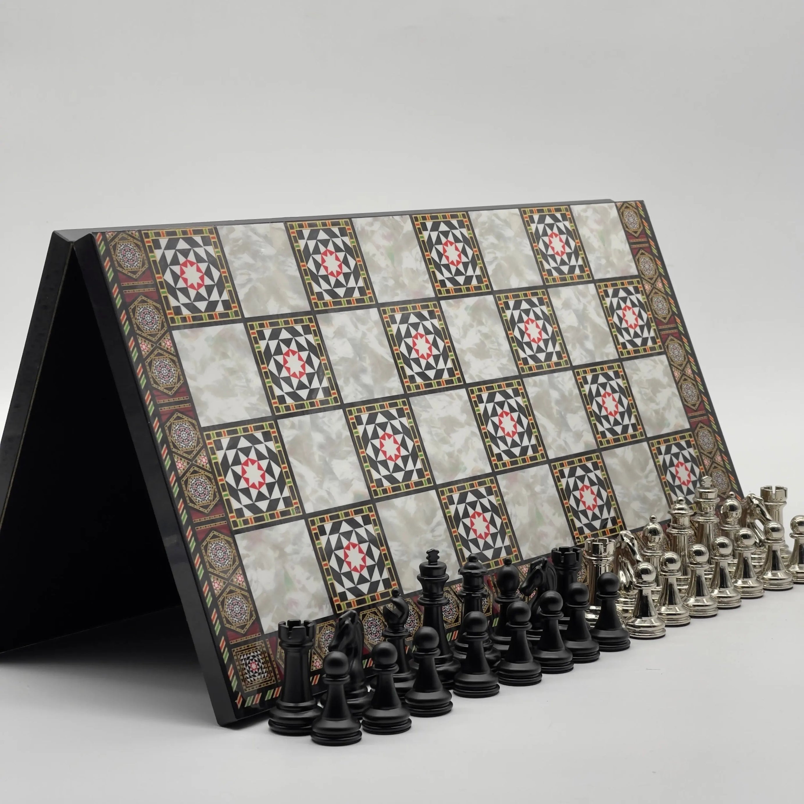 16.5" Mosaic Marble Pattern Folding Chess Board With Classic Matte Metal Chess Pieces