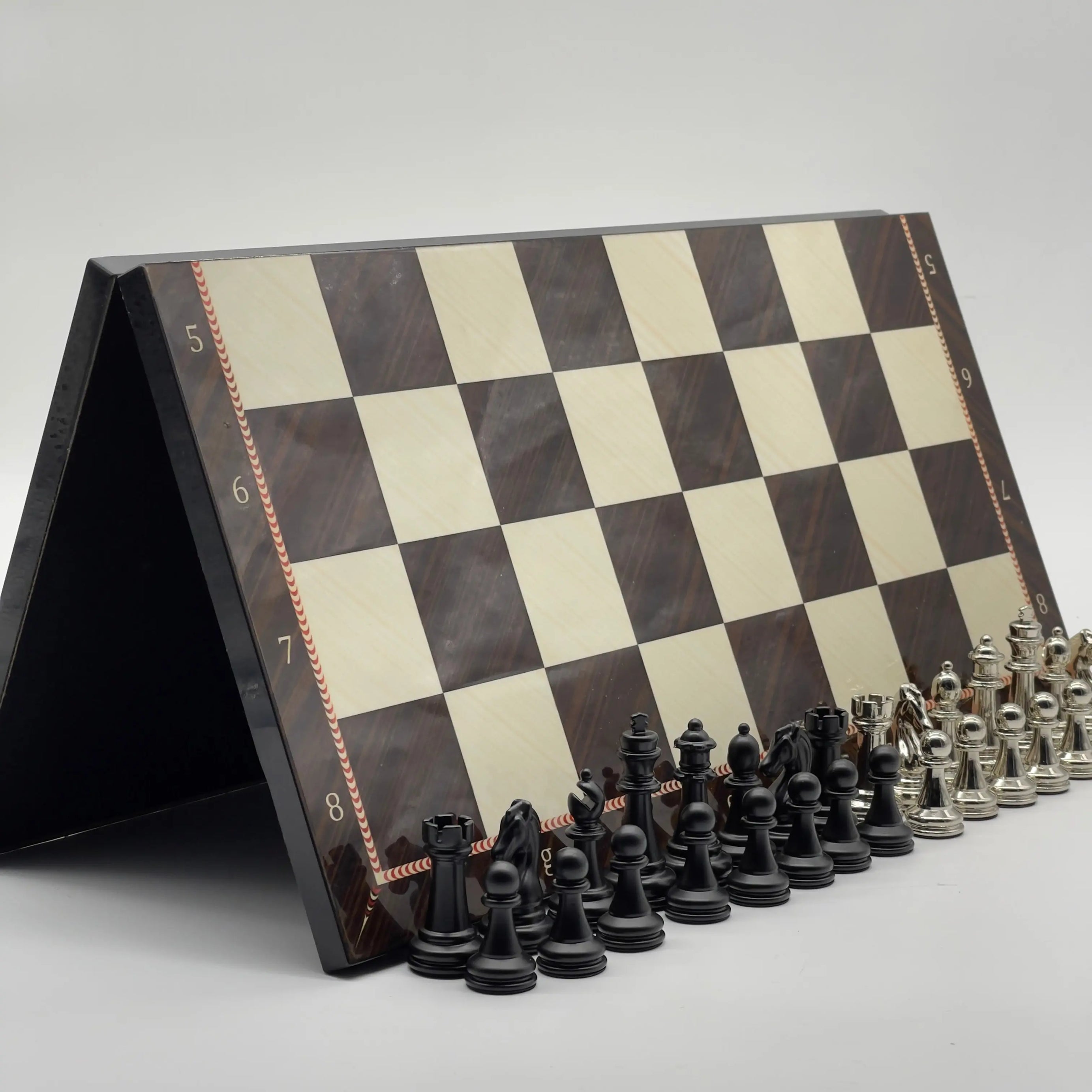 16.5" Walnut Marble Pattern Folding Chess Board With Classic Matte Metal Chess Pieces
