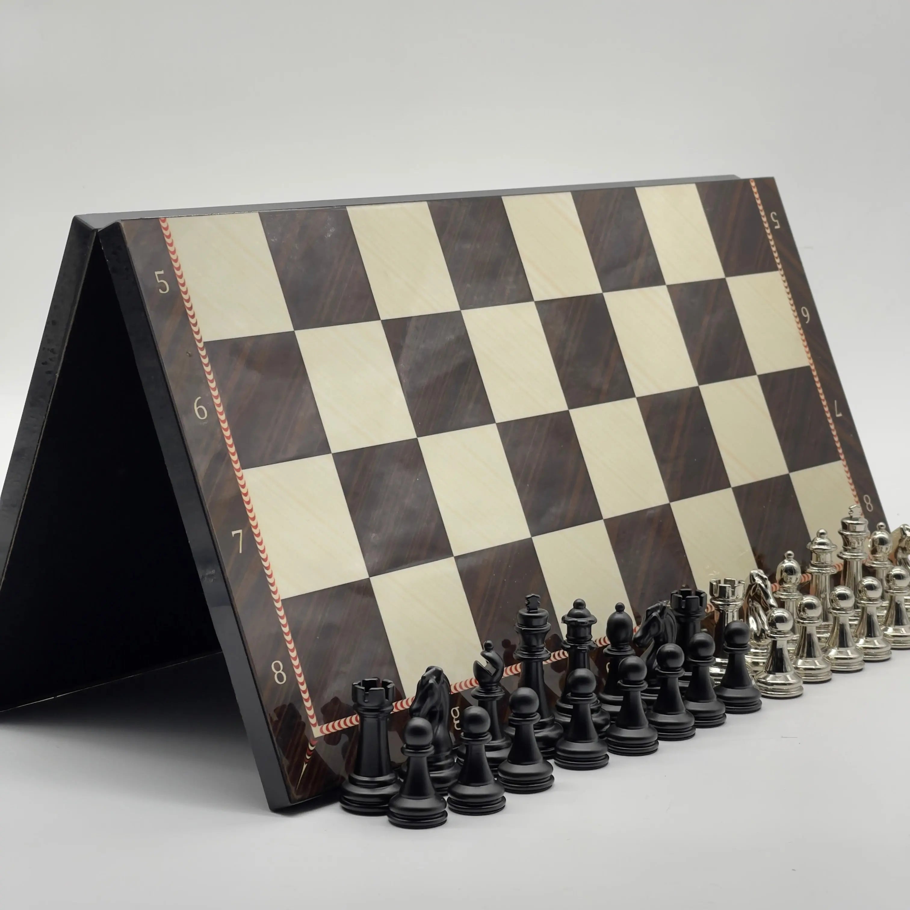 16.5" Walnut Marble Pattern Folding Chess Board With Classic Matte Metal Chess Pieces