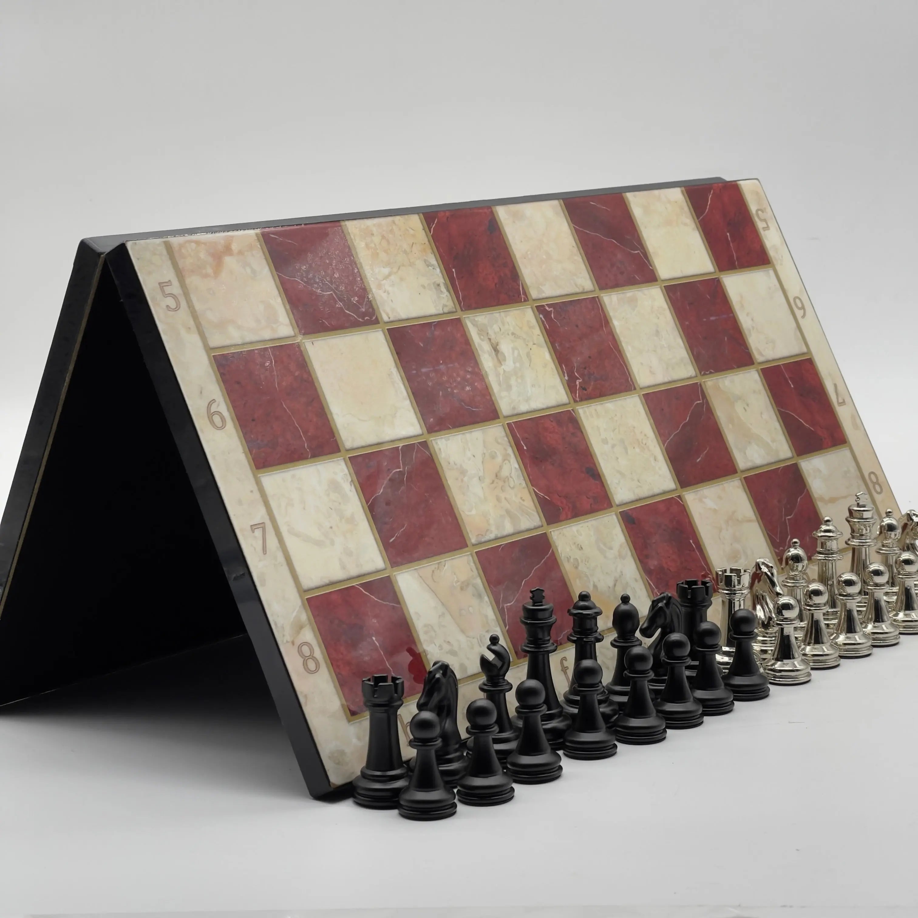 16.5" Red Marble Pattern Folding Chess Board With Classic Matte Metal Chess Pieces