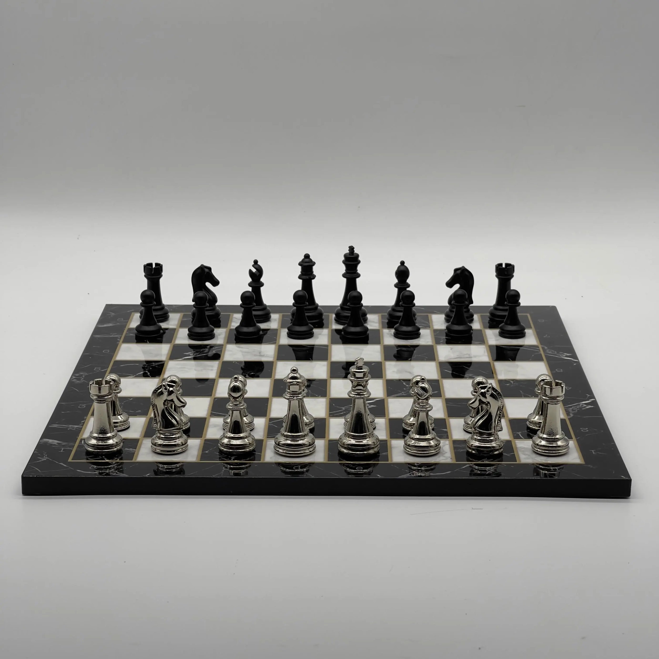 16.5" Black Marble Pattern Folding Chess Board With Classic Matte Metal Chess Pieces