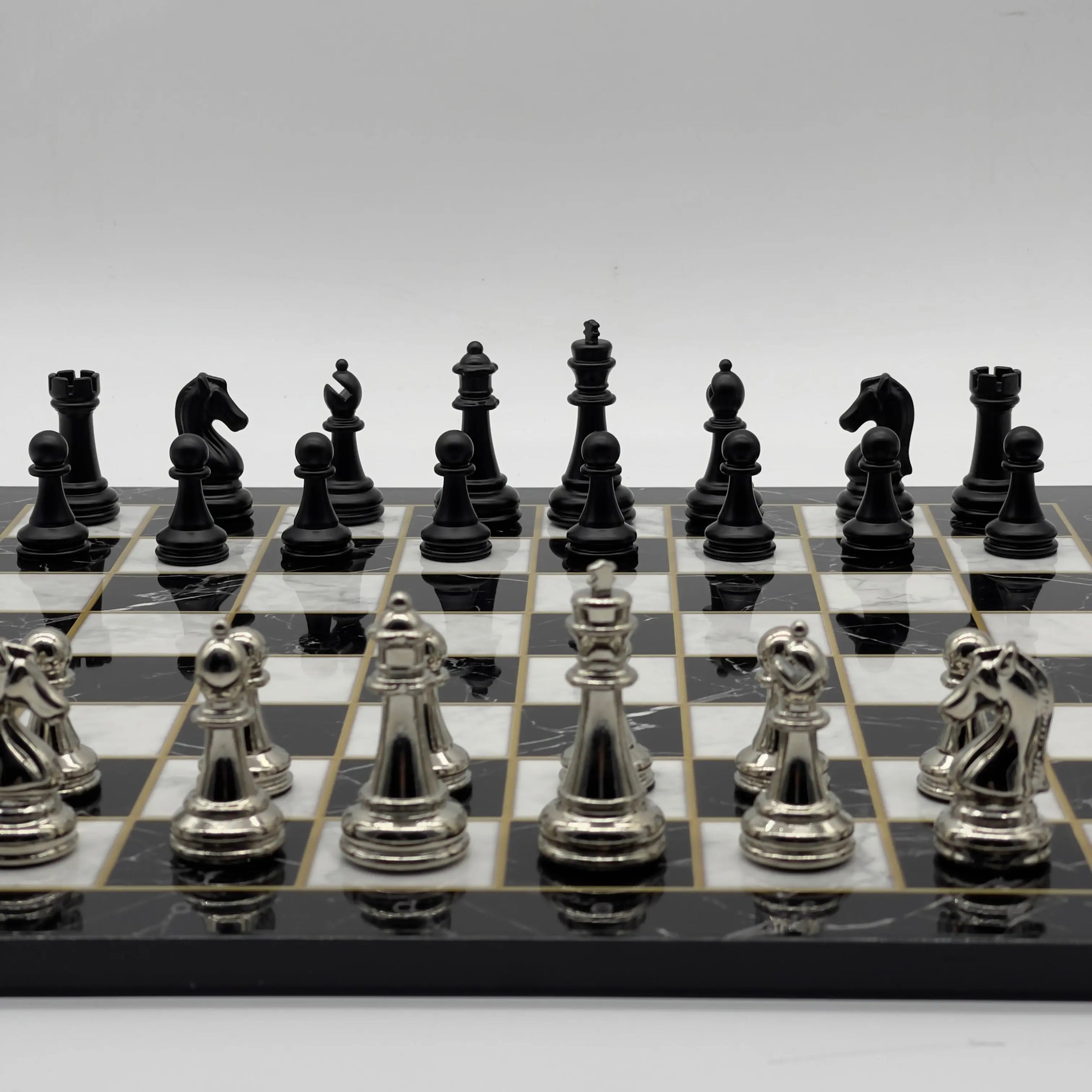 16.5" Black Marble Pattern Folding Chess Board With Classic Matte Metal Chess Pieces