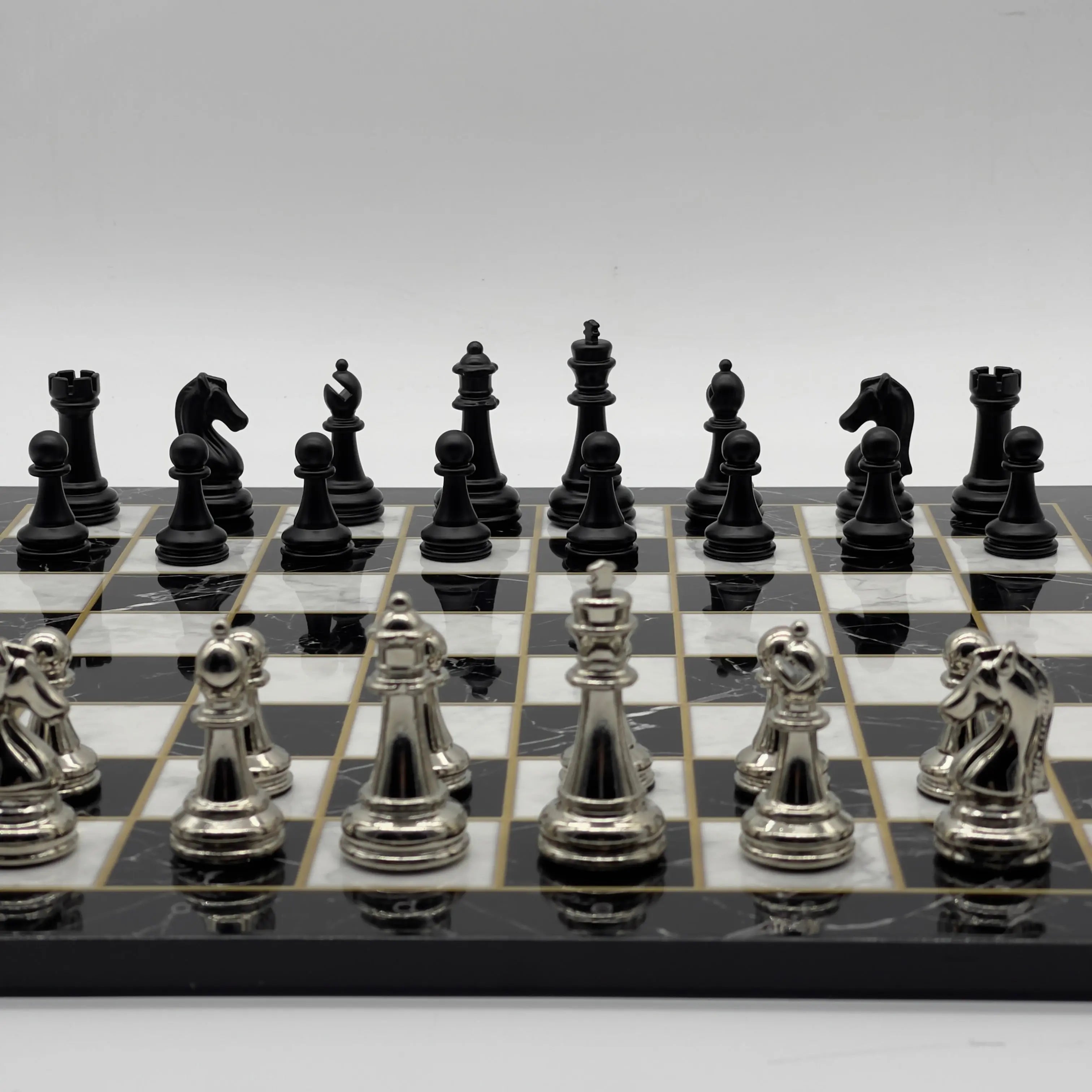 16.5" Black Marble Pattern Folding Chess Board With Classic Matte Metal Chess Pieces