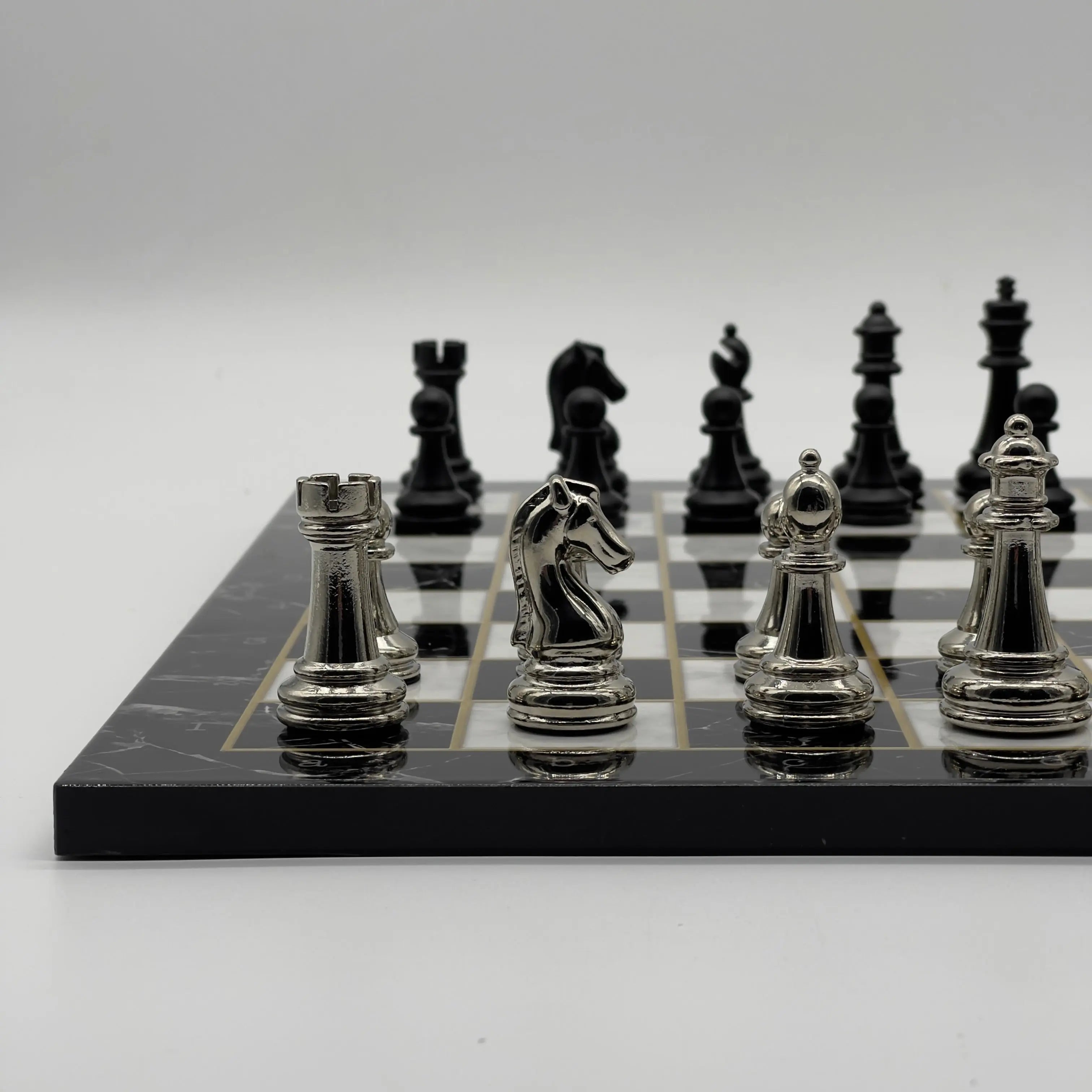 16.5" Black Marble Pattern Folding Chess Board With Classic Matte Metal Chess Pieces