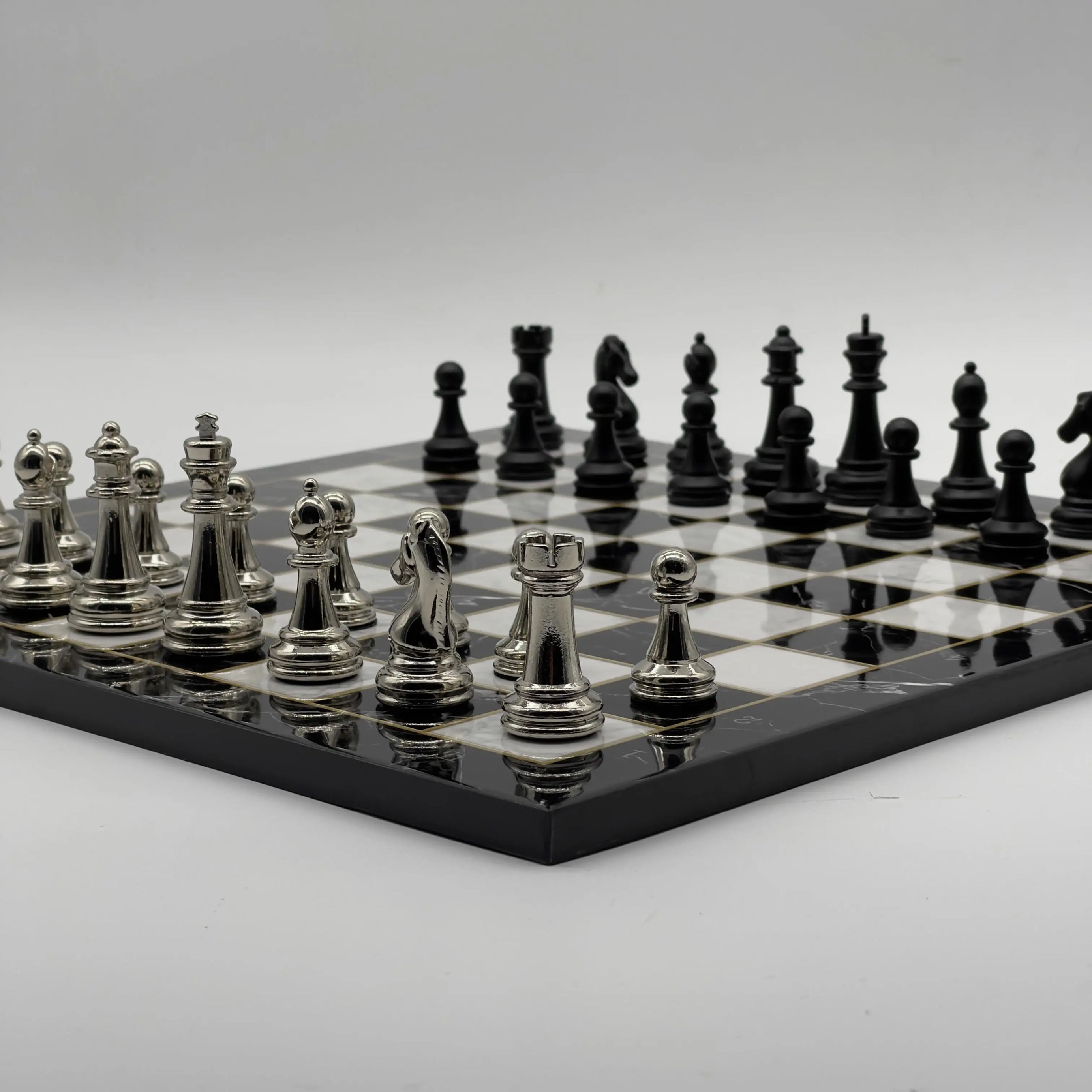 16.5" Black Marble Pattern Folding Chess Board With Classic Matte Metal Chess Pieces
